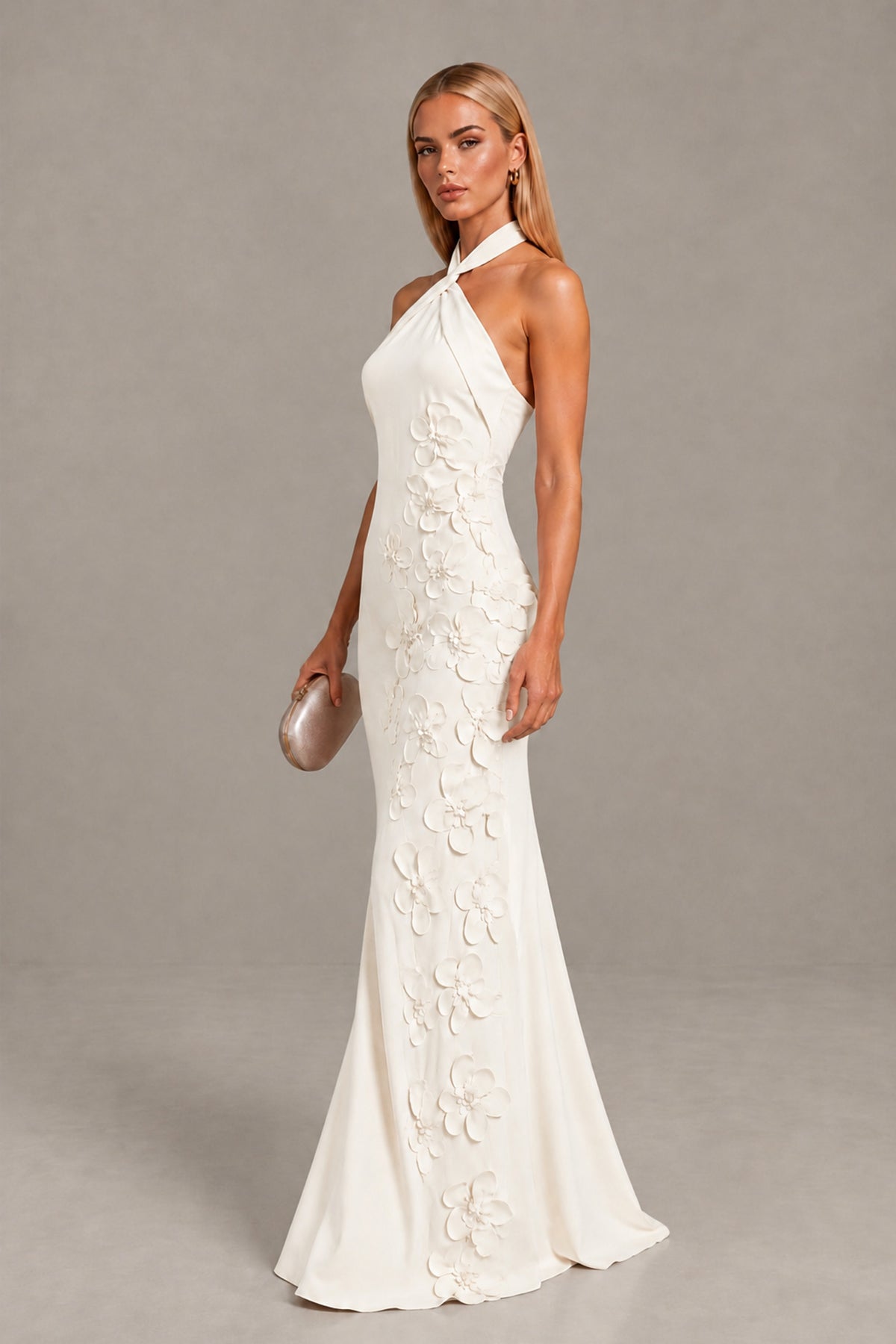 BOLODOO Ivory Cross Halter Neck 3D Floral Appliqué Backless Mermaid Maxi Gown - Ivory - Ivory_3