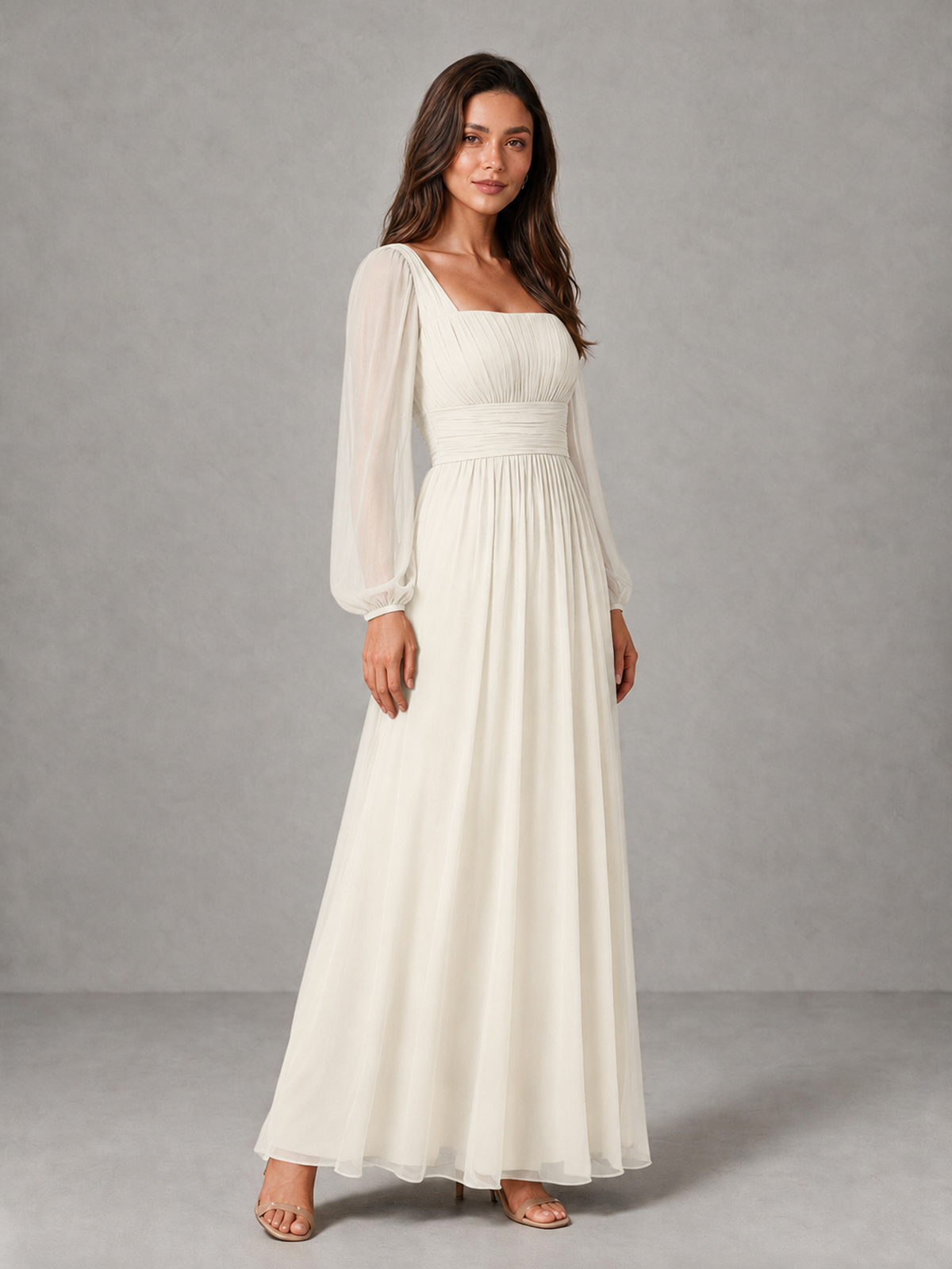 BOLODOO Ivory Square Neck Long Sleeve Chiffon Bridesmaid Dress - Ivory - Ivory_3