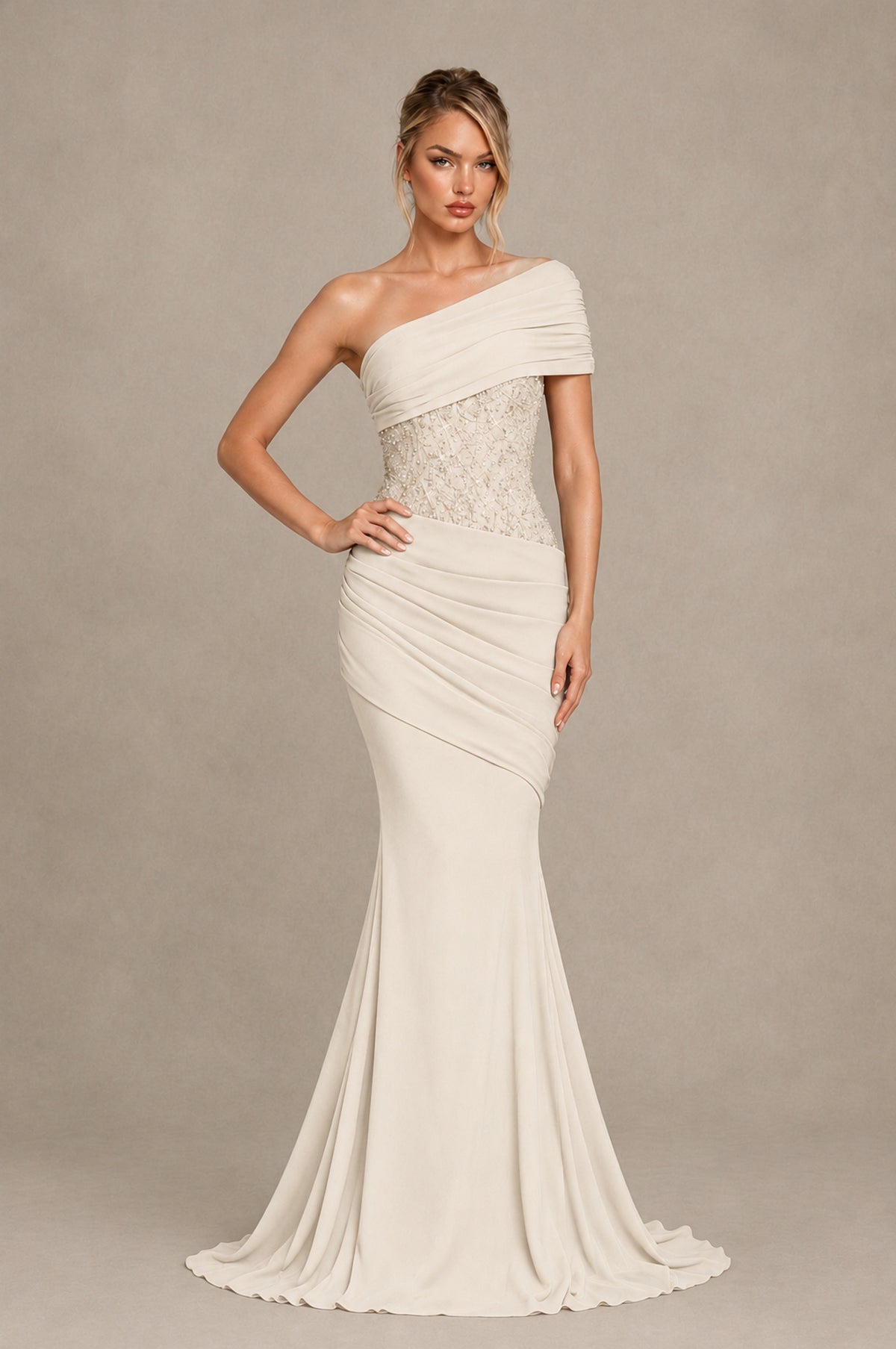 BOLODOO Ivory One-Shoulder Sequin Embroidered Ruched Mermaid Gown with Train - Ivory - Ivory_3