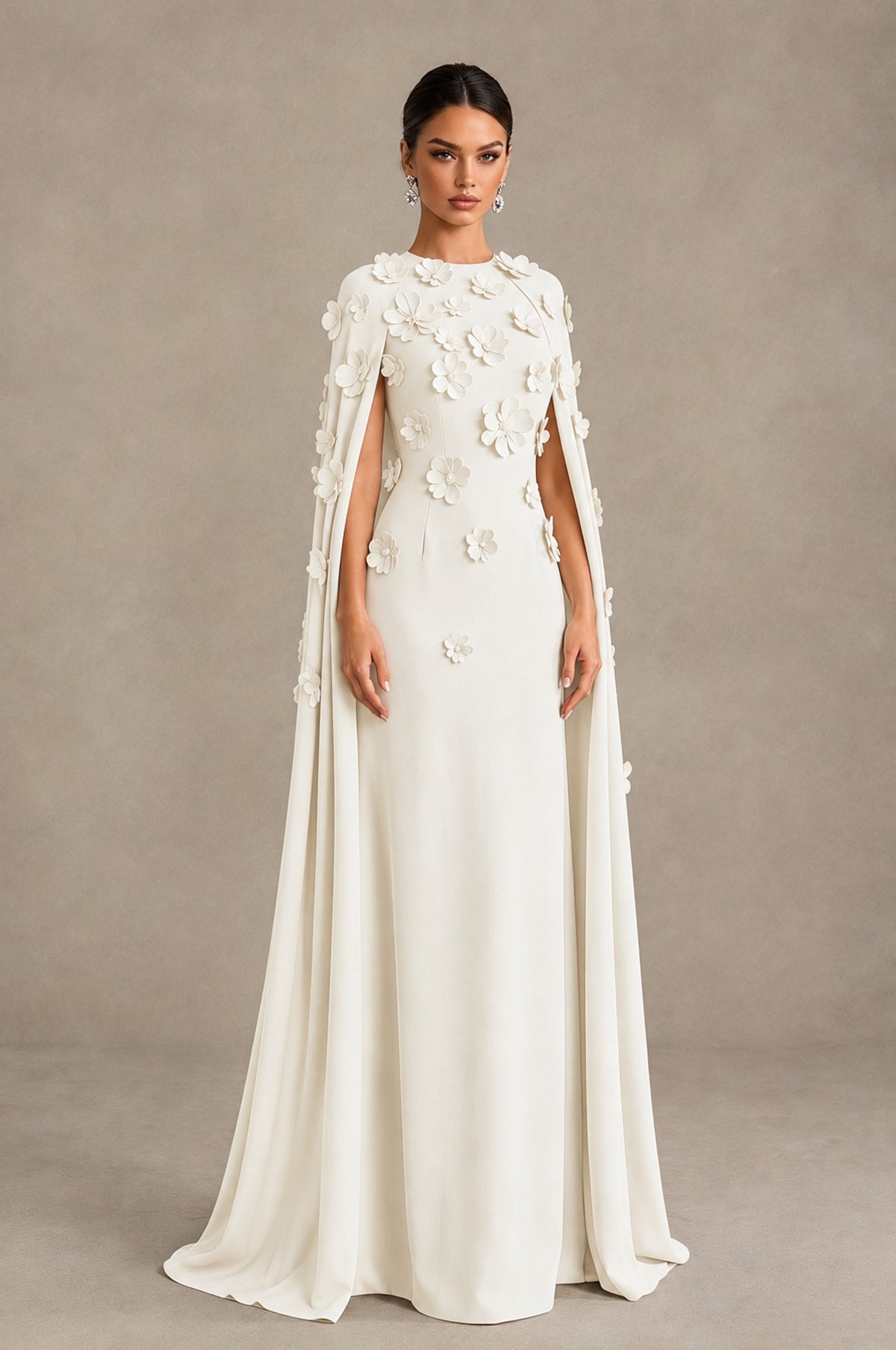 BOLODOO Ivory 3D Floral Applique Cape Formal Dress - Ivory - Ivory_3