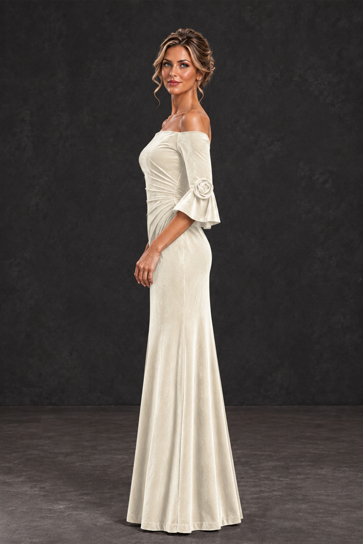 BOLODOO Ivory Velvet Off-Shoulder Mother of the Bride Dress – 3/4 Floral Cuff Sleeve Mermaid Evening Gown - Ivory - Ivory_3