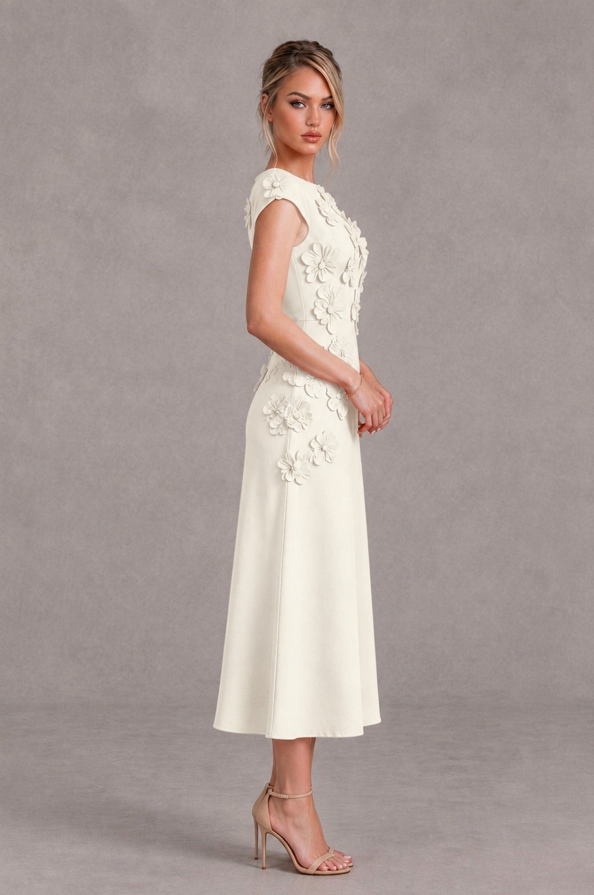 BOLODOO Ivory 3D Floral Cap Sleeve Midi Cocktail Dress - Ivory - Ivory_3