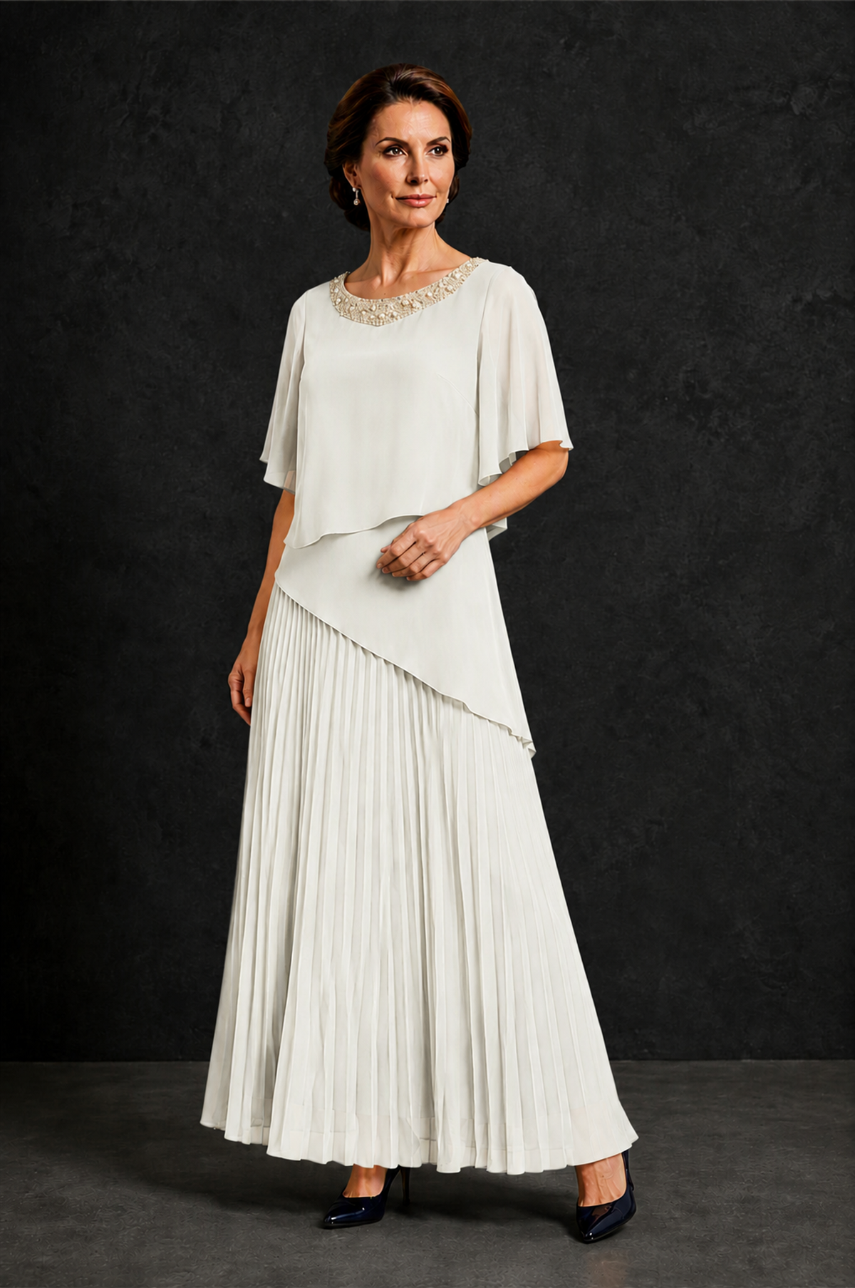 BOLODOO Ivory Pearl Beaded Neck Asymmetric Tiered Flutter Sleeve Pleated Chiffon Maxi Dress - Ivory - Ivory_3