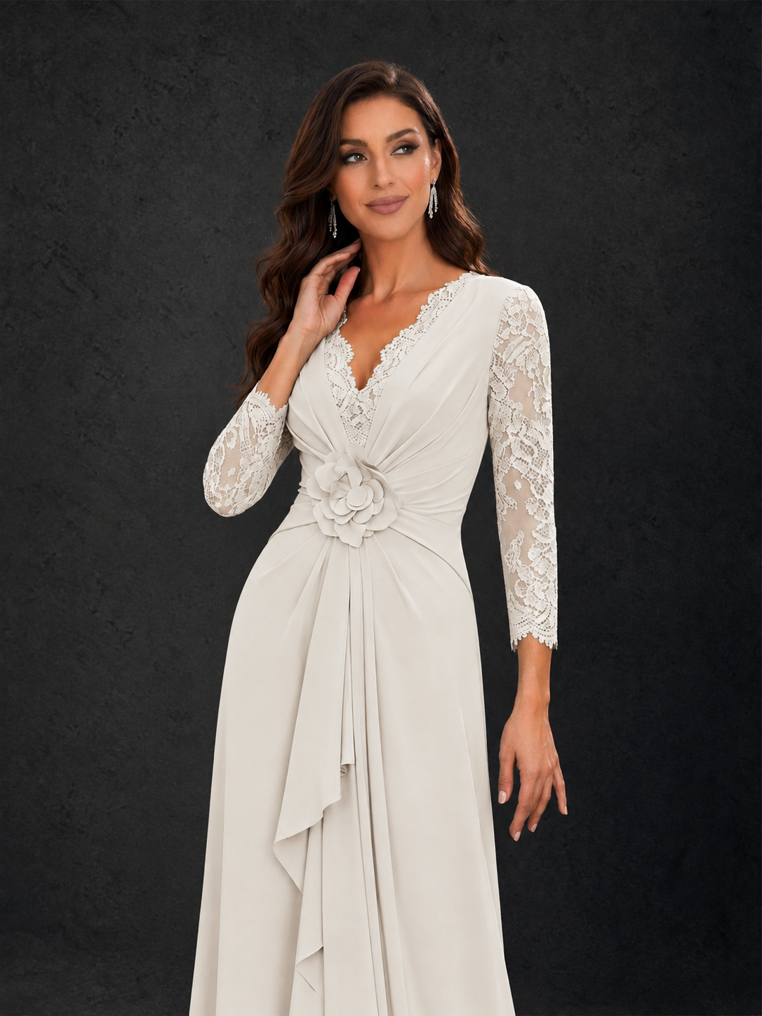 BOLODOO Ivory Lace Sleeve V-Neck Floral Waist Chiffon A-Line Maxi Dress - Ivory