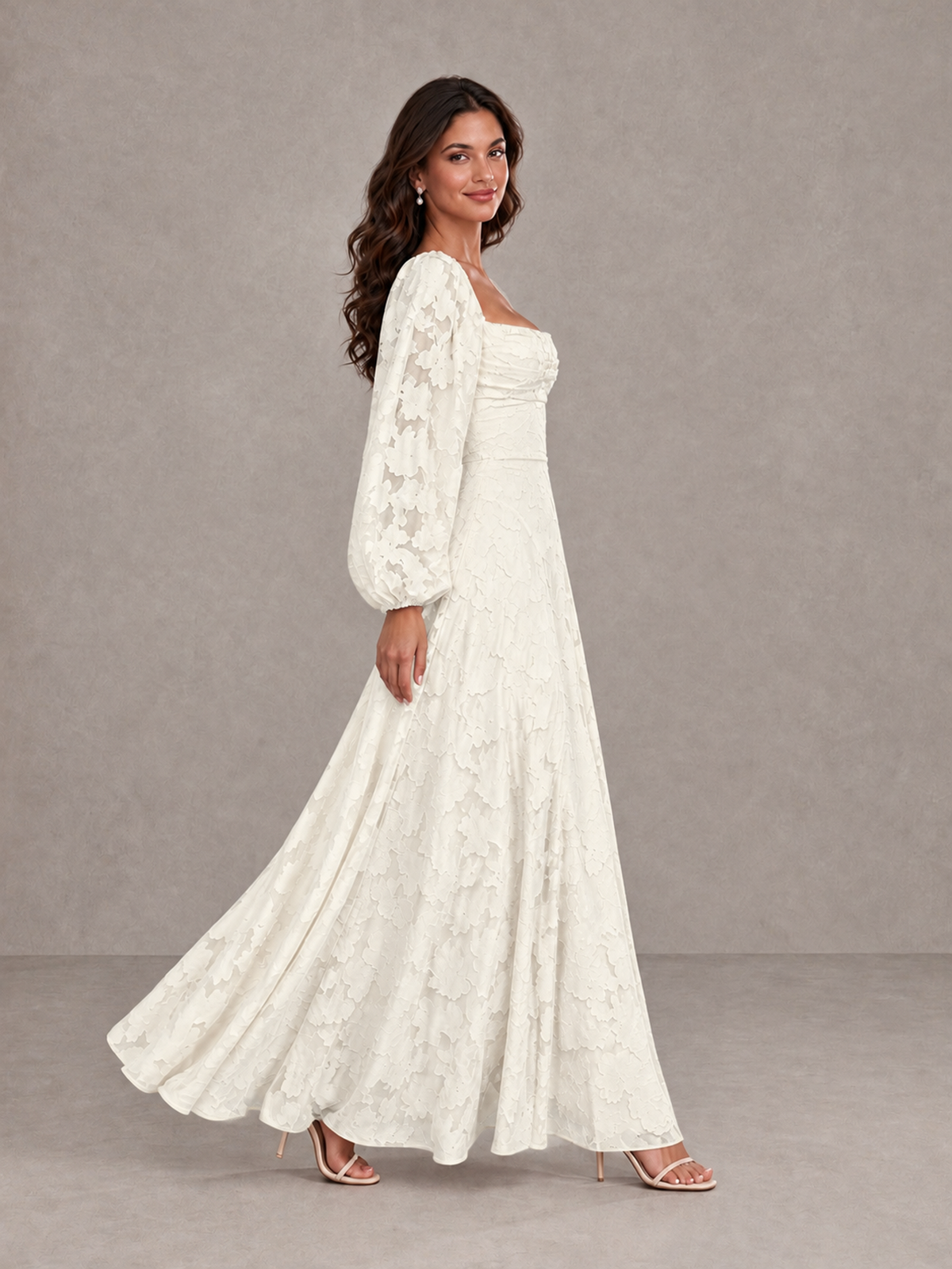 BOLODOO Ivory Floral Long Sleeve A-Line Bridesmaid Dress - Ivory - Ivory_3