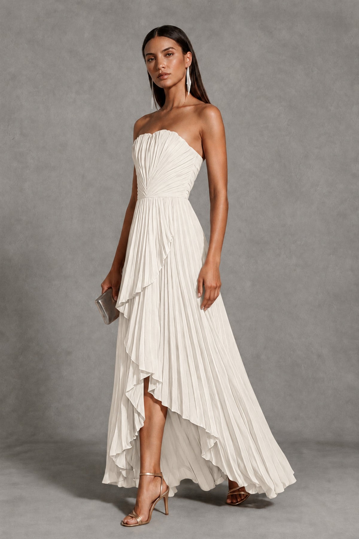 Ivory Strapless Pleated High-Low Evening Gown with Ruffle Hem - Ivory - Ivory_3
