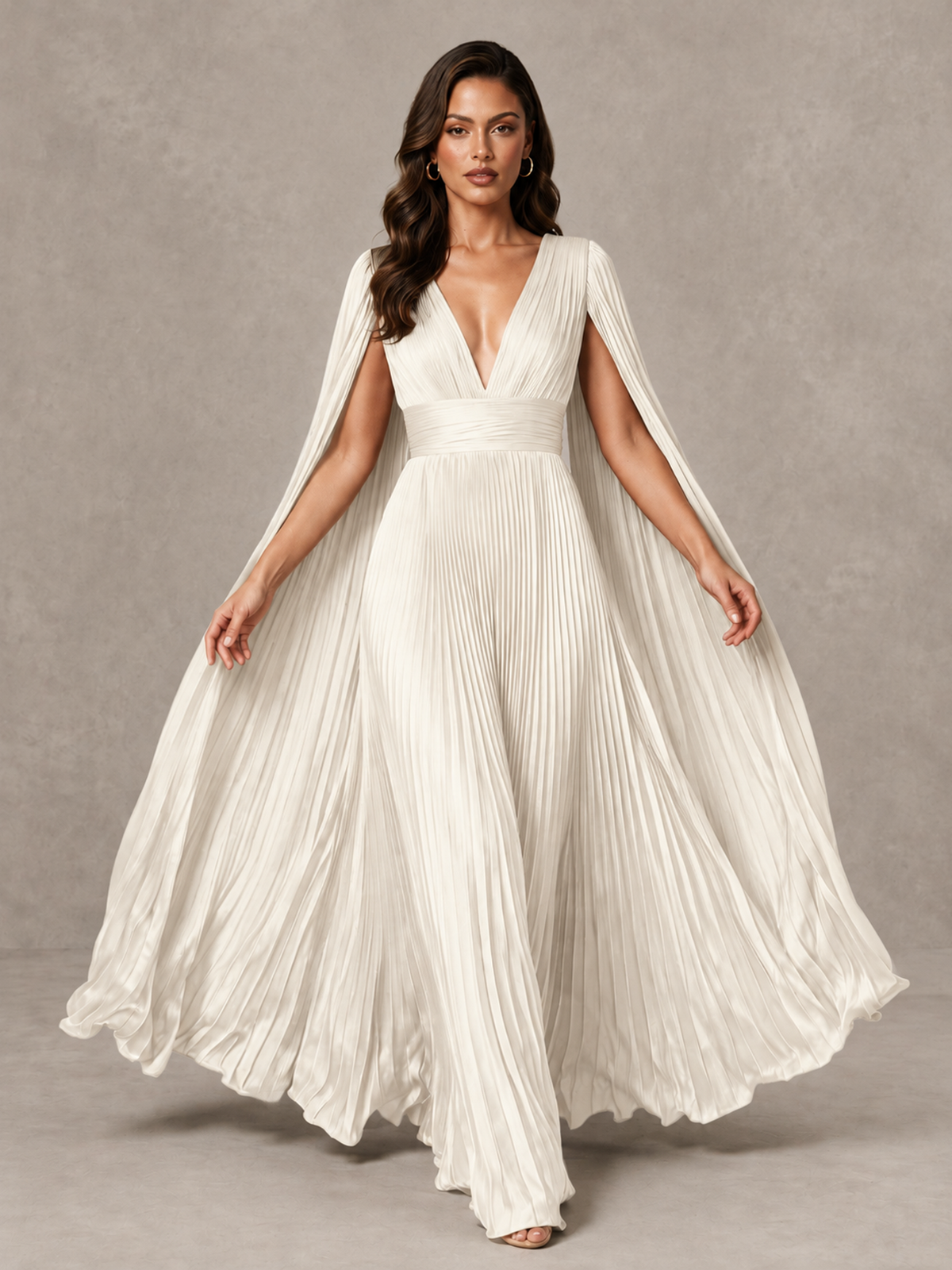 BOLODOO Ivory Deep V-Neck Pleated Cape Sleeve Evening Gown - Ivory - Ivory_3