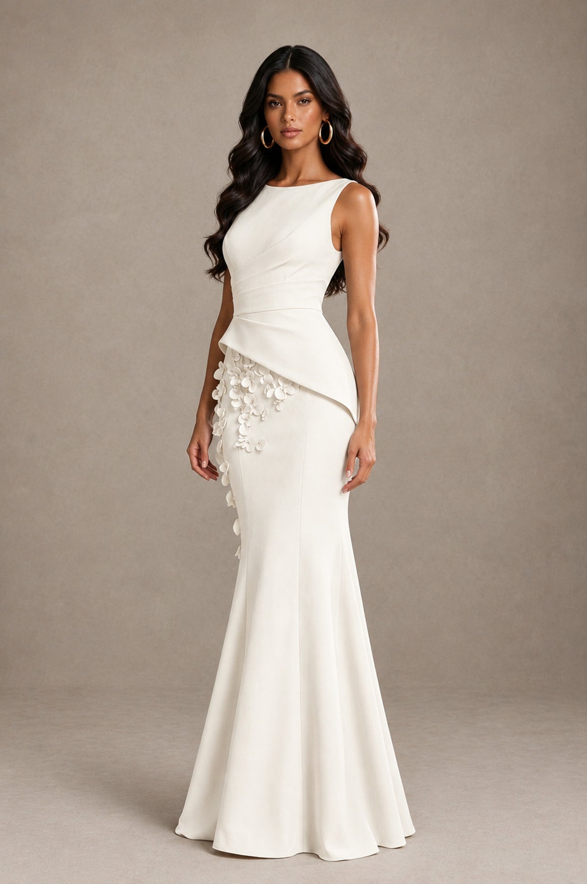 BOLODOO Ivory Bateau Neck Sleeveless Asymmetric Peplum 3D Petal Appliqué Mermaid Gown BD0421 - Ivory - Ivory_3