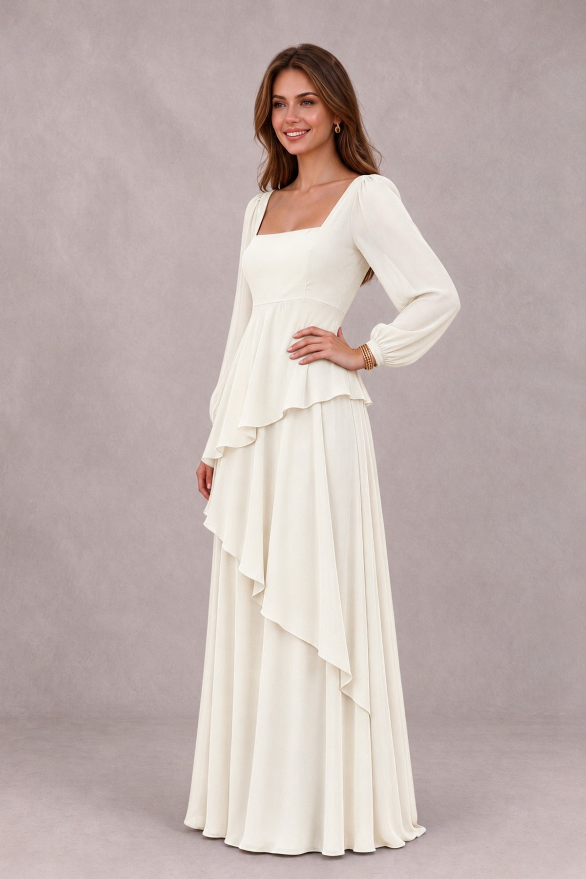 BOLODOO Ivory Long Sleeve Ruffle Bridesmaid Dresses - Ivory - Ivory_3