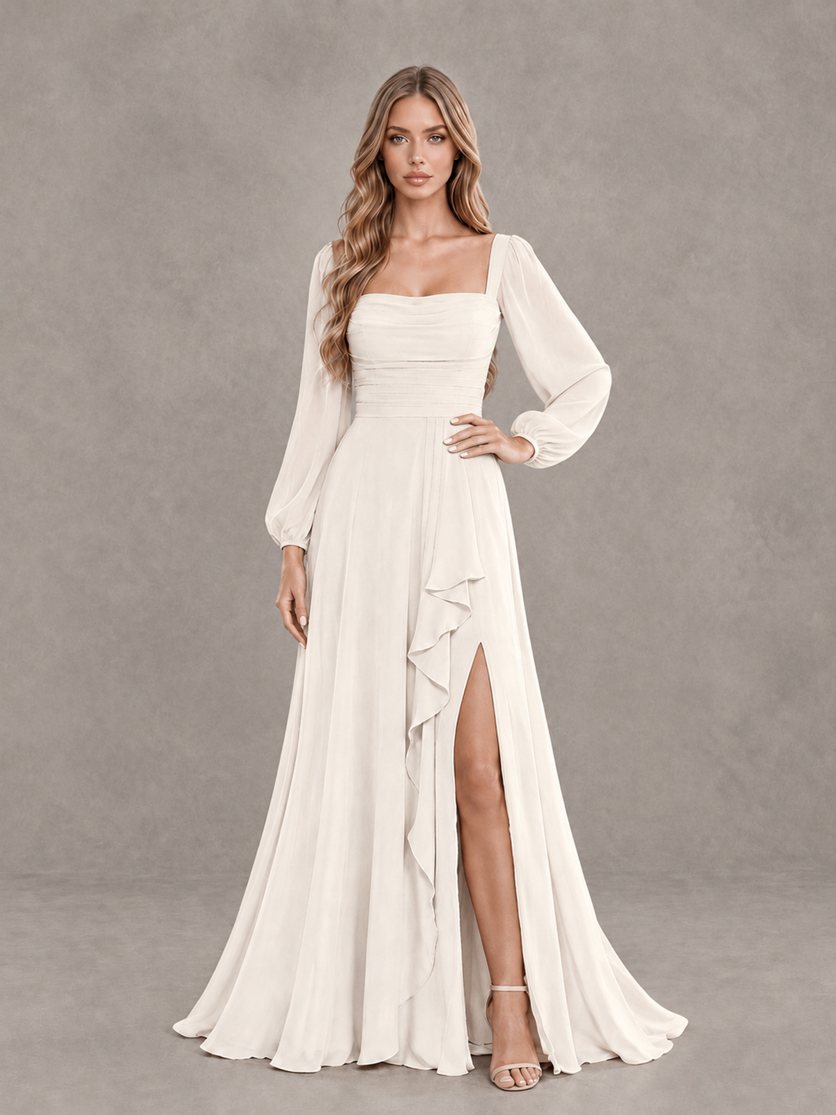 BOLODOO Ivory Square Neck Long Sleeve Bridesmaid Dress with Ruffle Slit - Ivory - Ivory_3