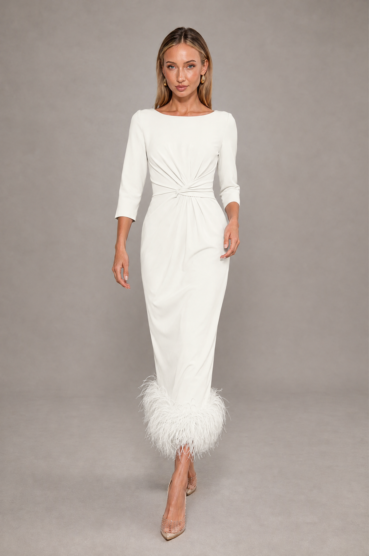 BOLODOO Ivory Feather-Trim Twist-Waist Midi Dress - Ivory - Ivory_3