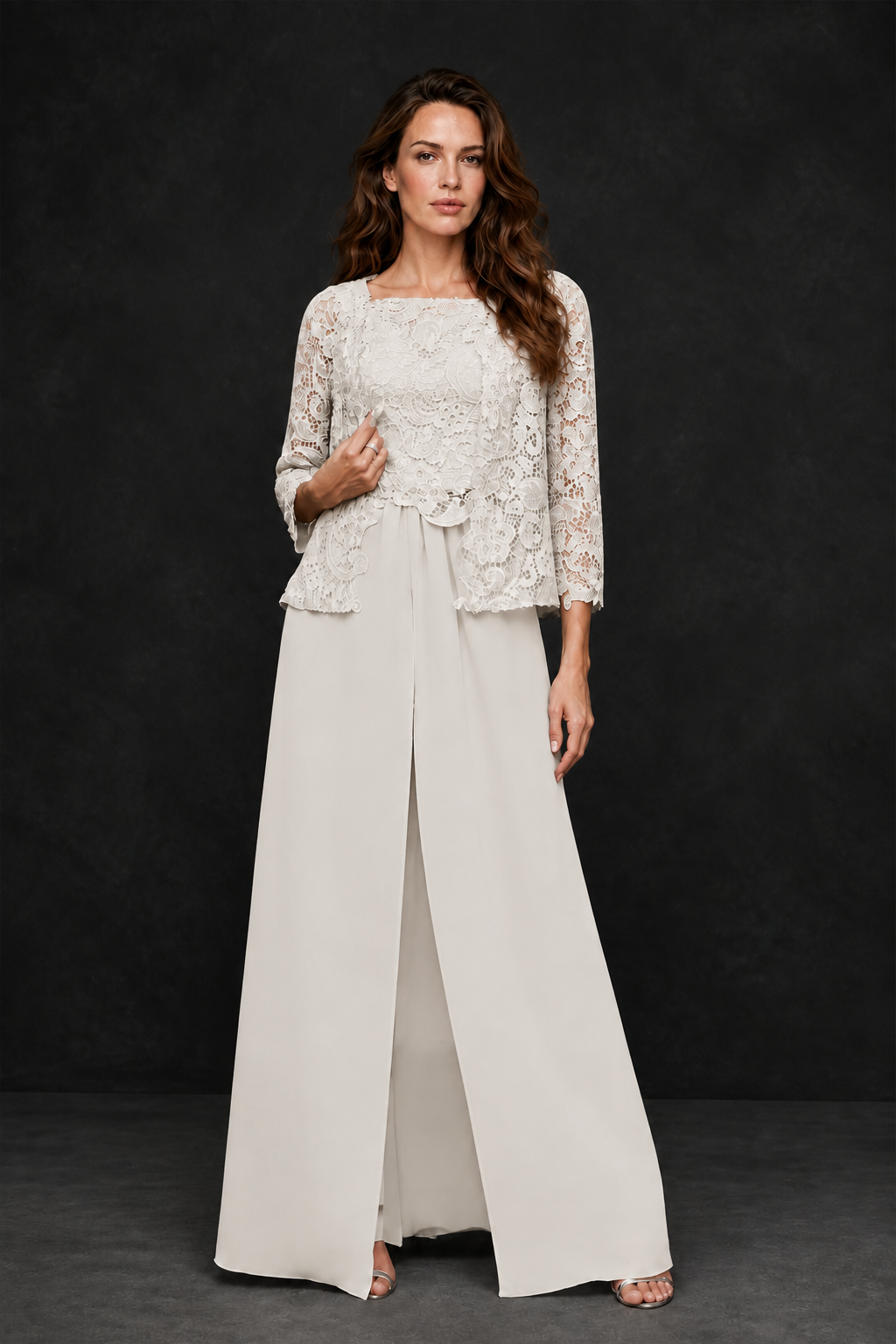 BOLODOO Ivory Grey Lace Peplum Top & Wide-Leg Chiffon Pants Set | Mother of the Bride & Formal Evening Outfit - Ivory