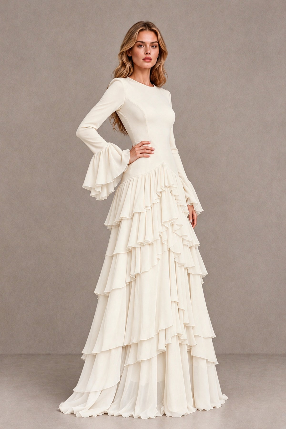 Ivory Long Sleeve Tiered Ruffle Evening Gown - Ivory - Ivory_3
