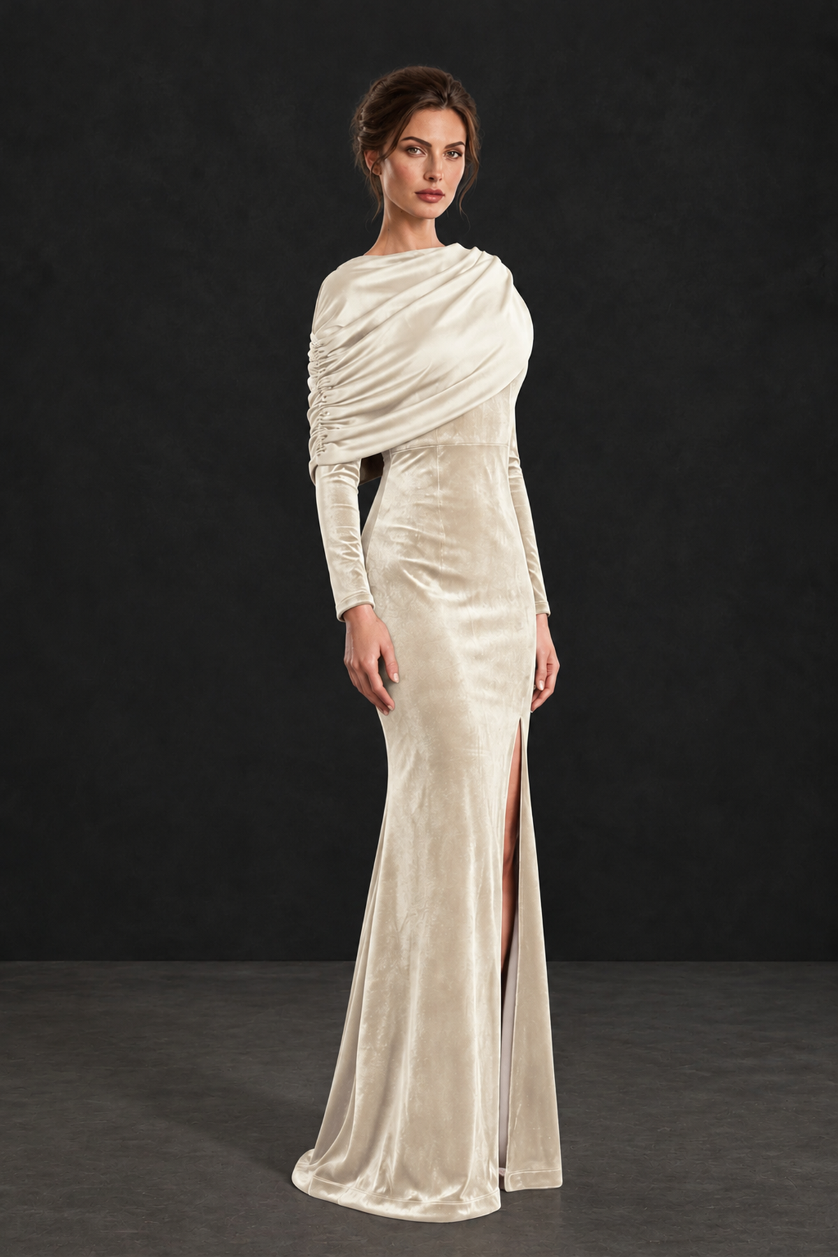 BOLODOO Ivory Velvet Long Sleeve Draped Mother of the Bride Dress - Ivory - Ivory_3