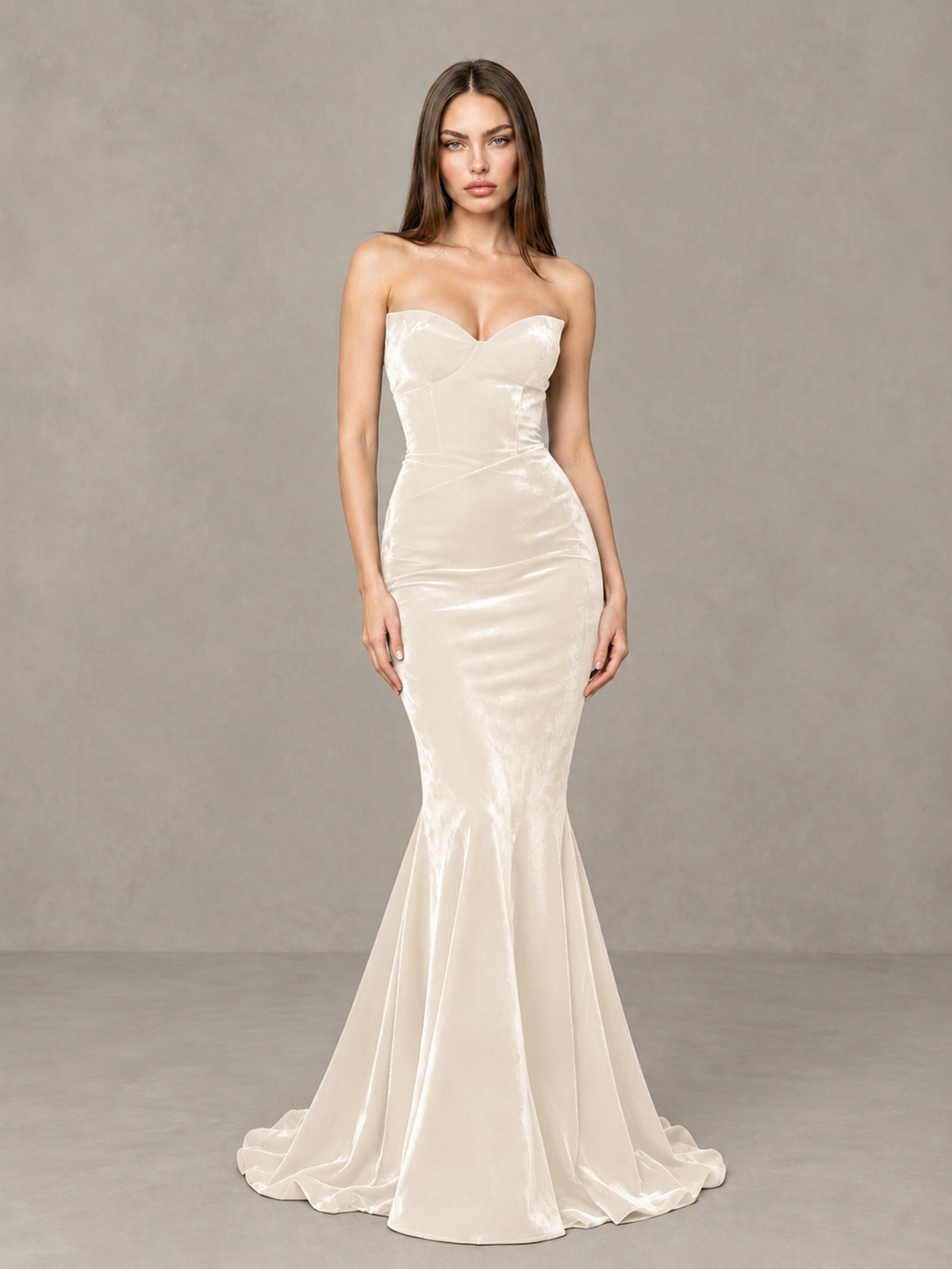 BOLODOO Ivory Strapless Sweetheart Velvet-Look Mermaid Evening Dress - Ivory - Ivory_3