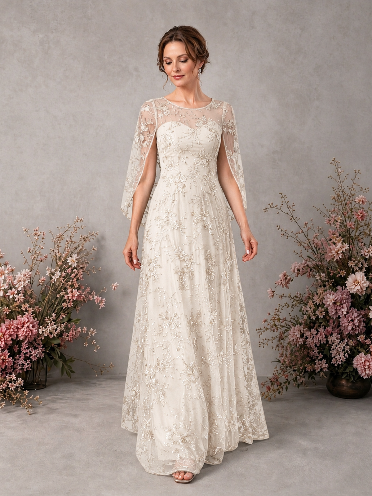 BOLODOO Ivory Sequin Lace Cape Sleeve Formal Evening Gown - Ivory - Ivory_3