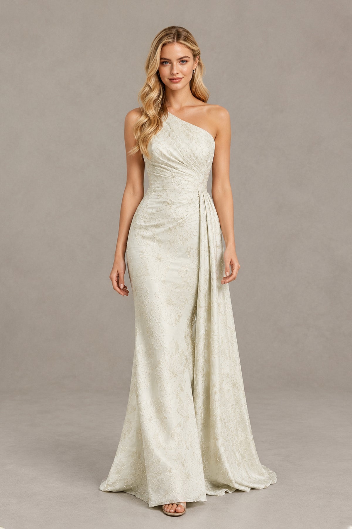 BOLODOO Ivory One-Shoulder Textured Formal Gown - Ivory