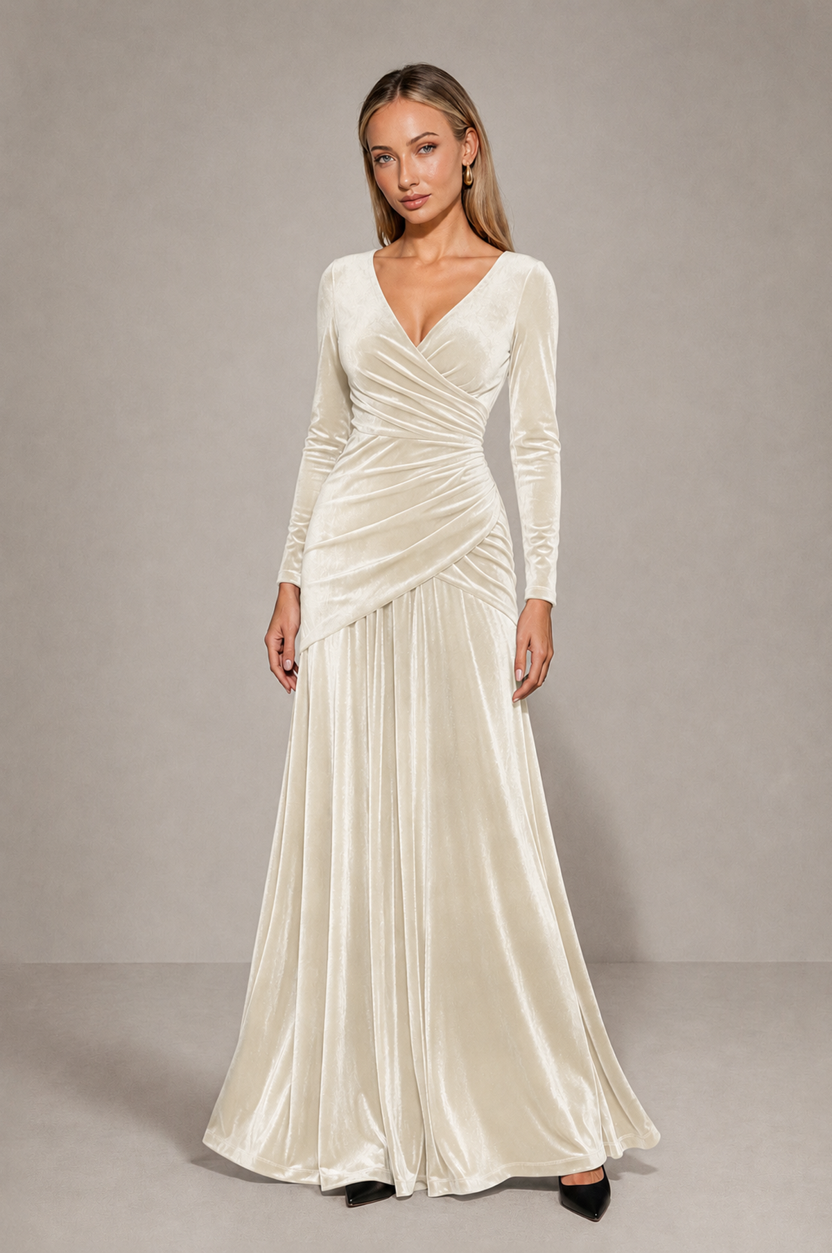 BOLODOO Ivory Velvet Long Sleeve V-Neck Ruched Evening Dress - Ivory - Ivory_3