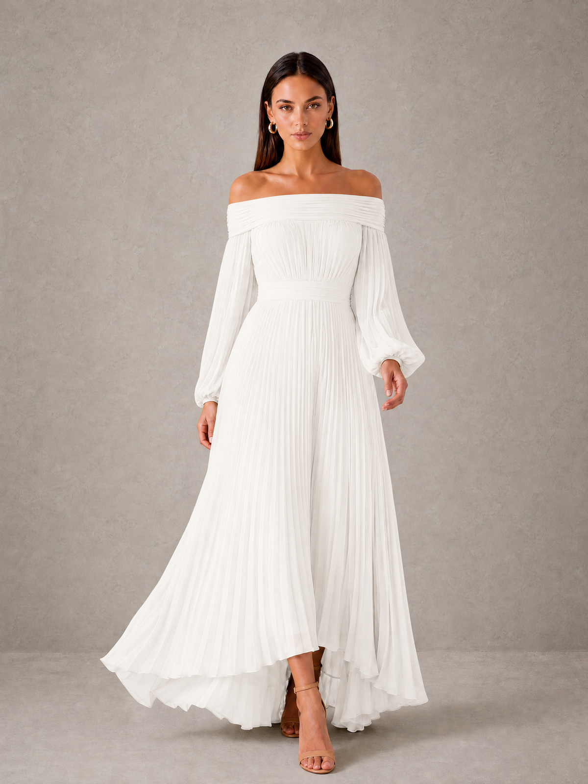 BOLODOO Ivory Off-Shoulder Long Sleeve Pleated High-Low Dress - Ivory - Ivory_3