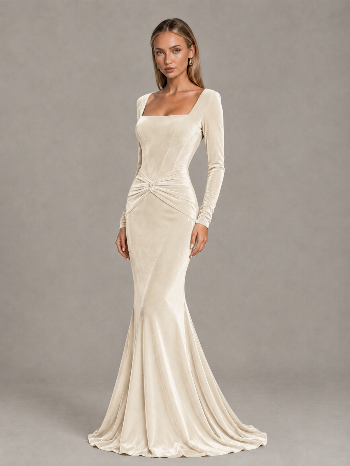 BOLODOO Ivory Velvet-Look Square Neck Long Sleeve Mermaid Evening Dress - Ivory - Ivory_3