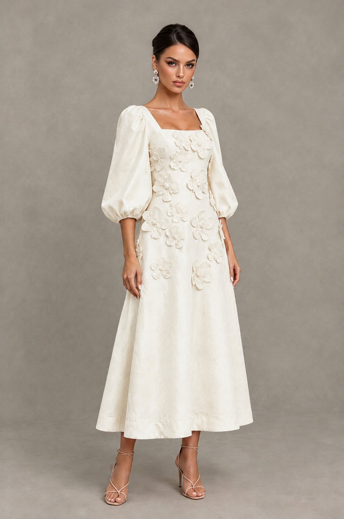 BOLODOO Ivory 3D Floral Puff Sleeve Midi Cocktail Dress - Ivory - Ivory_3
