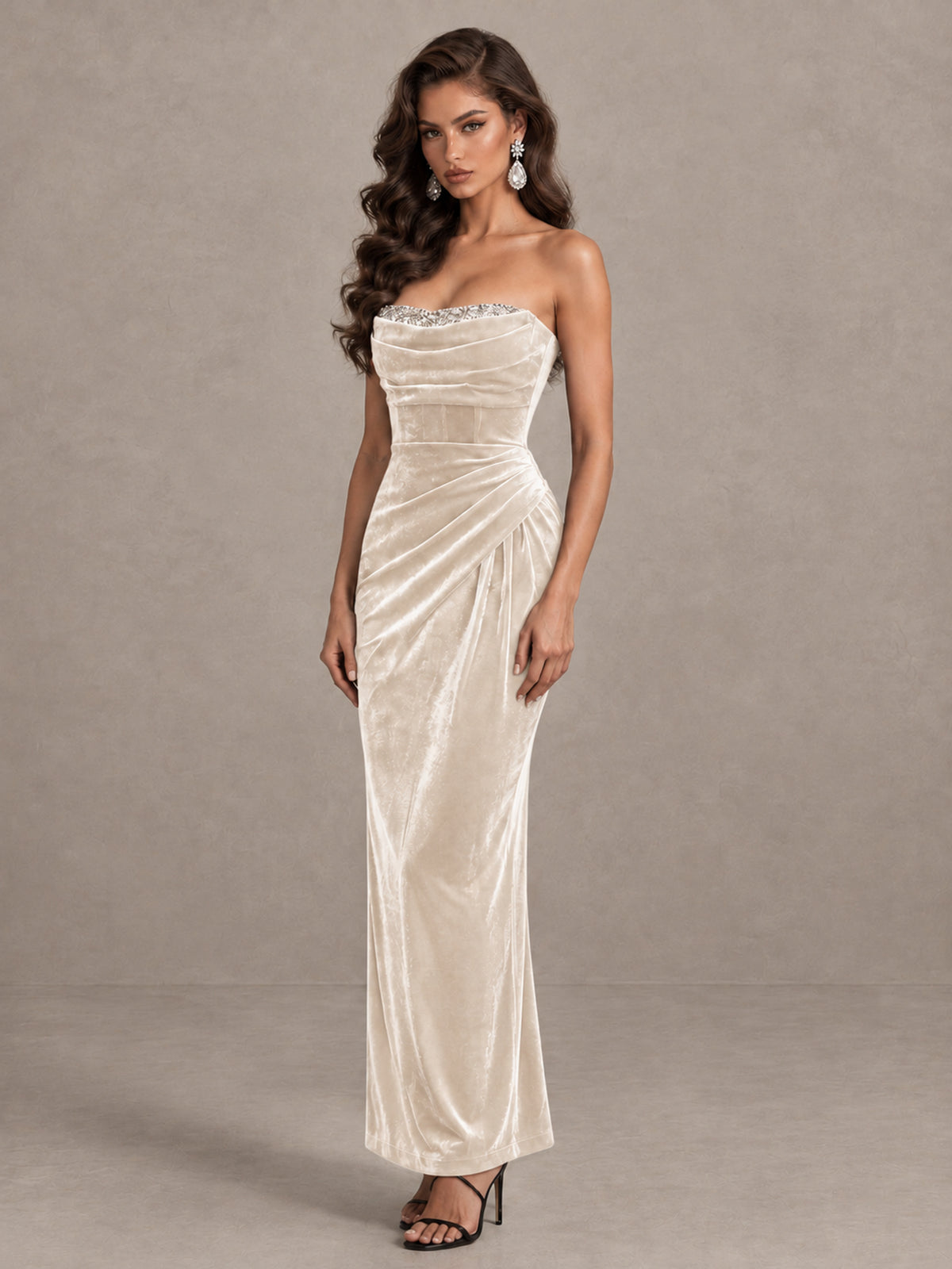 BOLODOO Ivory Strapless Velvet Cocktail Maxi Dress - Ivory - Ivory_3