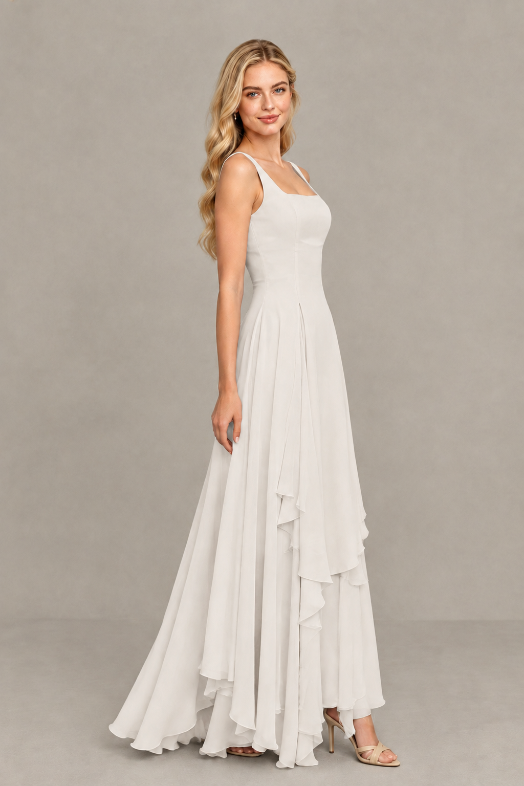 BOLODOO Ivory Square Neck Chiffon Bridesmaid Dress with Lace-Up Back - Ivory