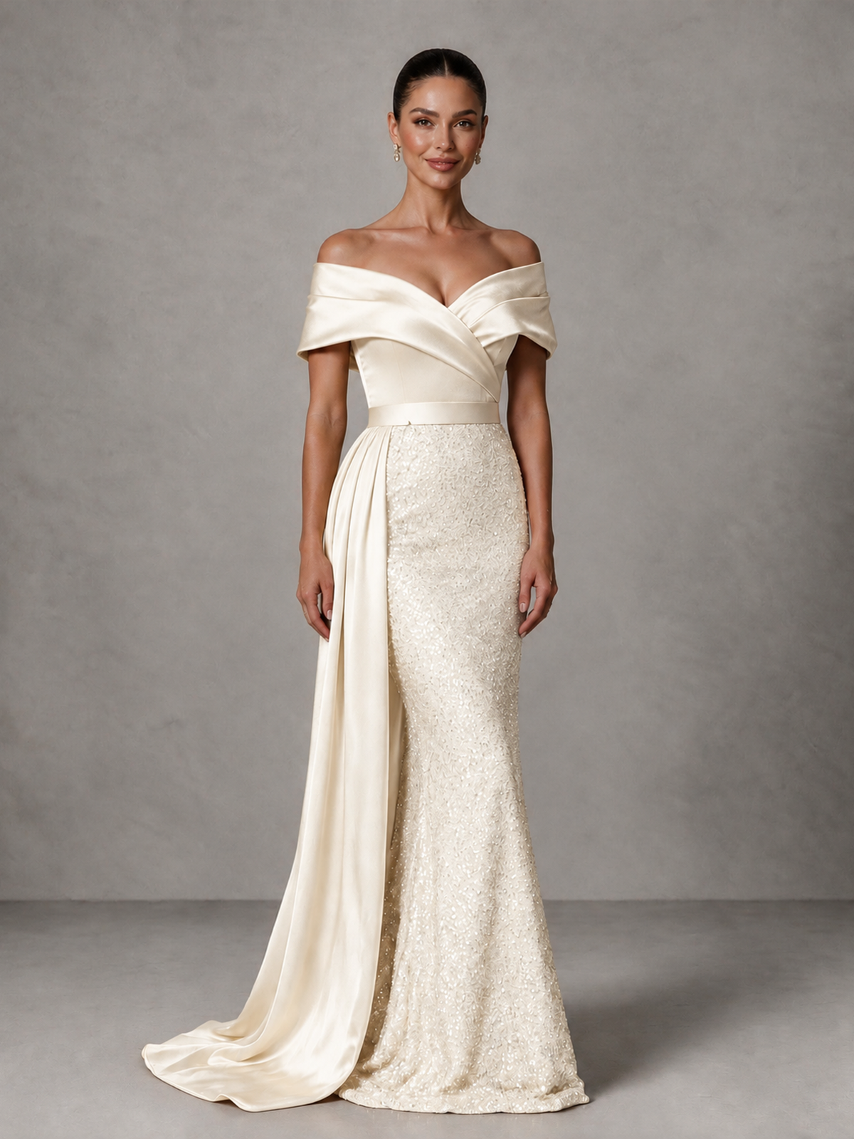 BOLODOO Ivory Sequin Mermaid Evening Dress with Off-Shoulder Satin Drape and Sweep Train - Ivory - Ivory_3