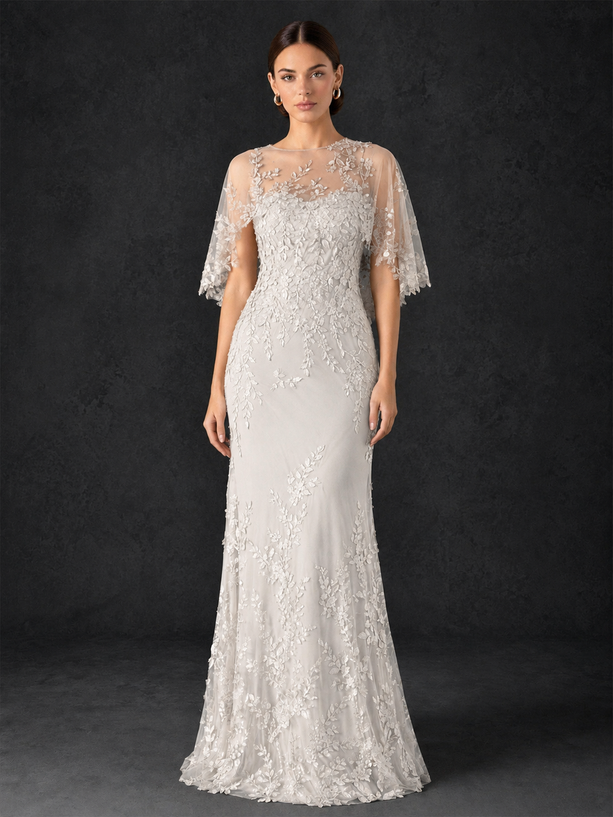 BOLODOO Mocha Rose Botanical Lace Flutter Sleeve Mermaid Gown - Ivory - Ivory