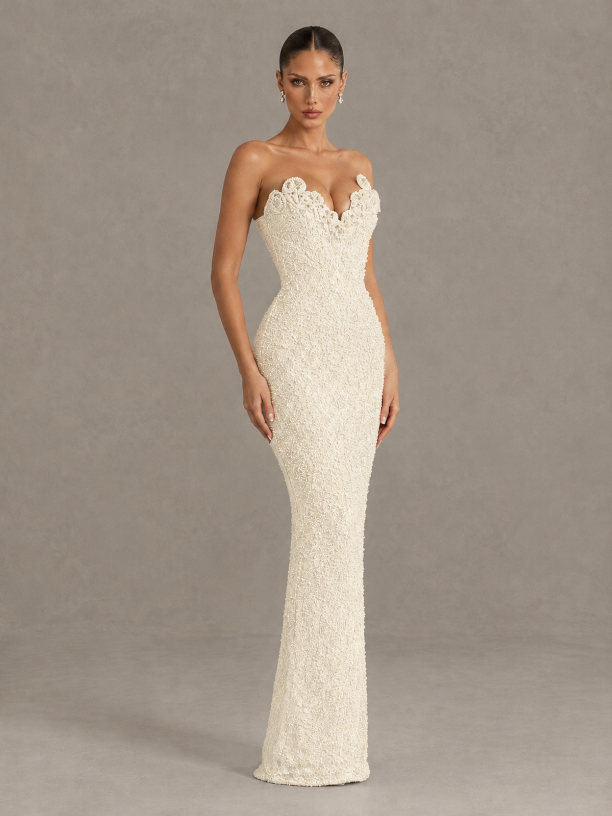 BOLODOO Ivory Strapless Sequin Evening Gown with Floral Neckline - Ivory - Ivory_3