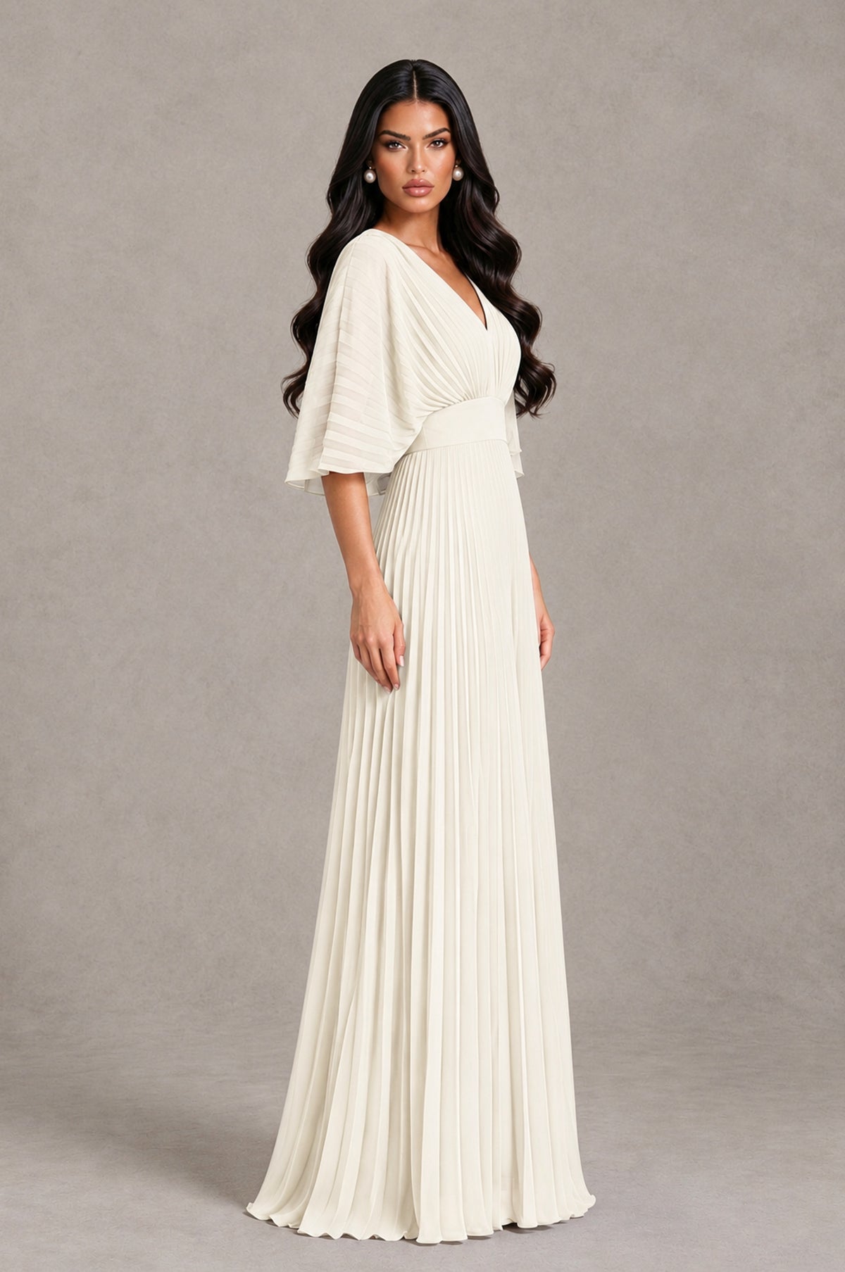 BOLODOO Ivory V-Neck Pleated Flutter Sleeve Formal Dress - Ivory - Ivory_3