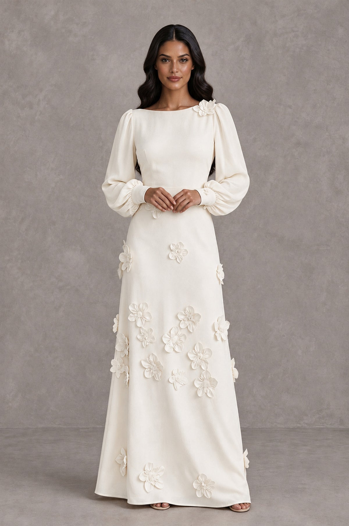 BOLODOO Ivory Long Sleeve Floral Applique A-Line Evening Dress - Ivory - Ivory_3