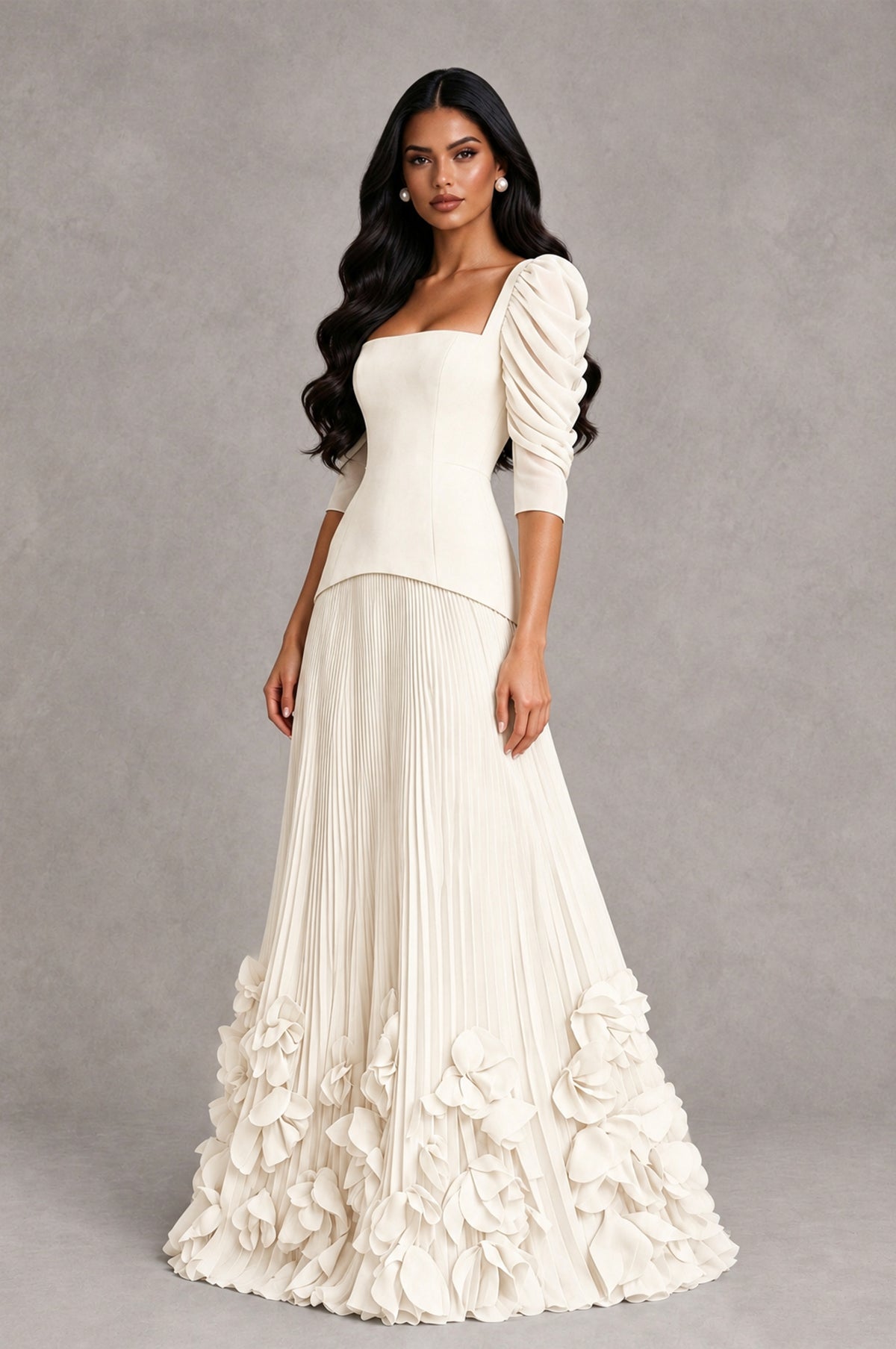 BOLODOO Ivory Square Neck Pleated Floral Applique Evening Dress - Ivory - Ivory_3