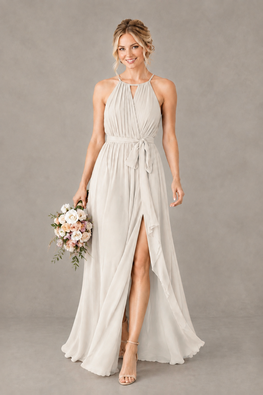 BOLODOO Ivory Halter Chiffon Bridesmaid Dress with High Slit - Ivory