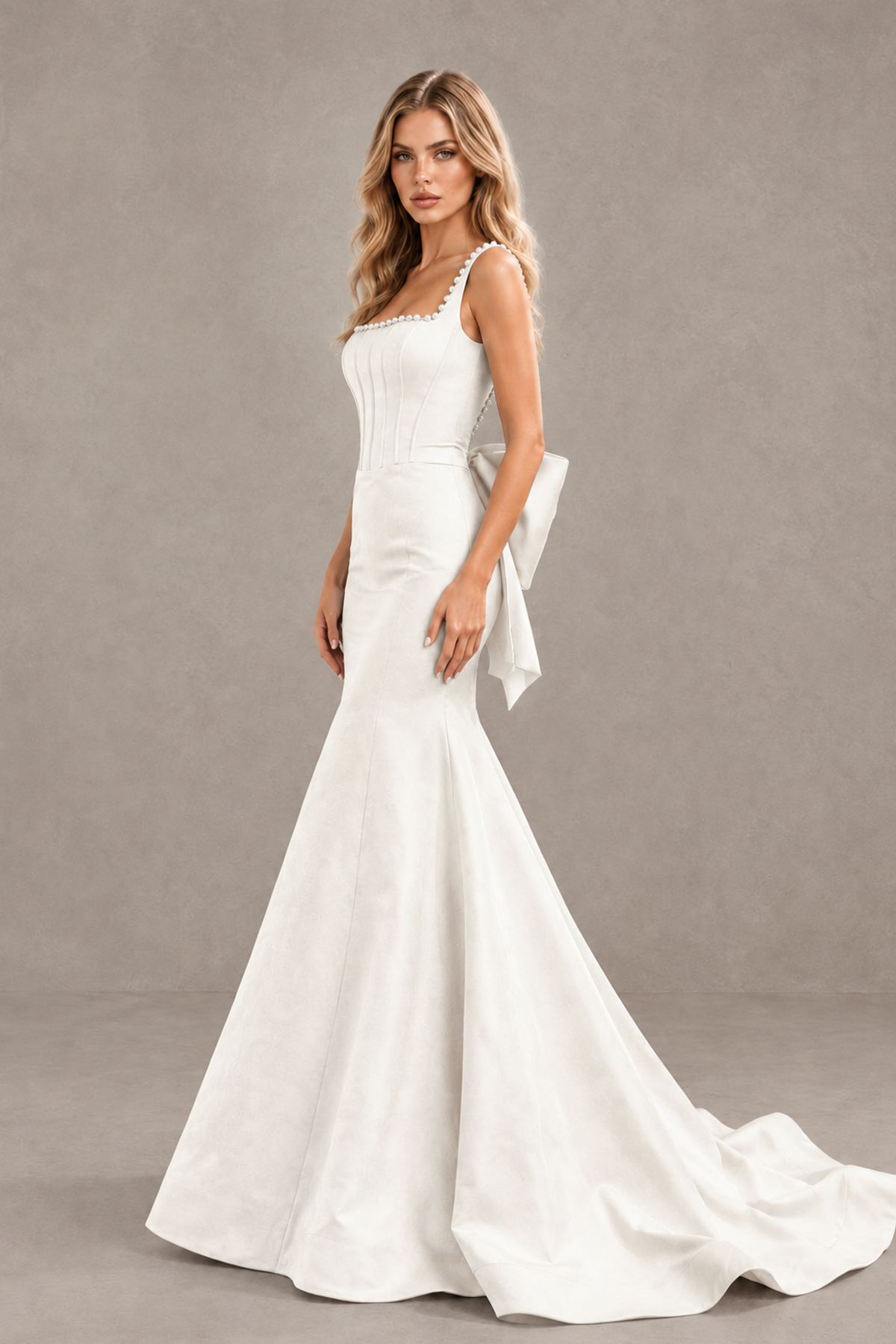BOLODOO Ivory Pearl-Trim Mermaid Prom Dress with Back Bow - Ivory - Ivory_3