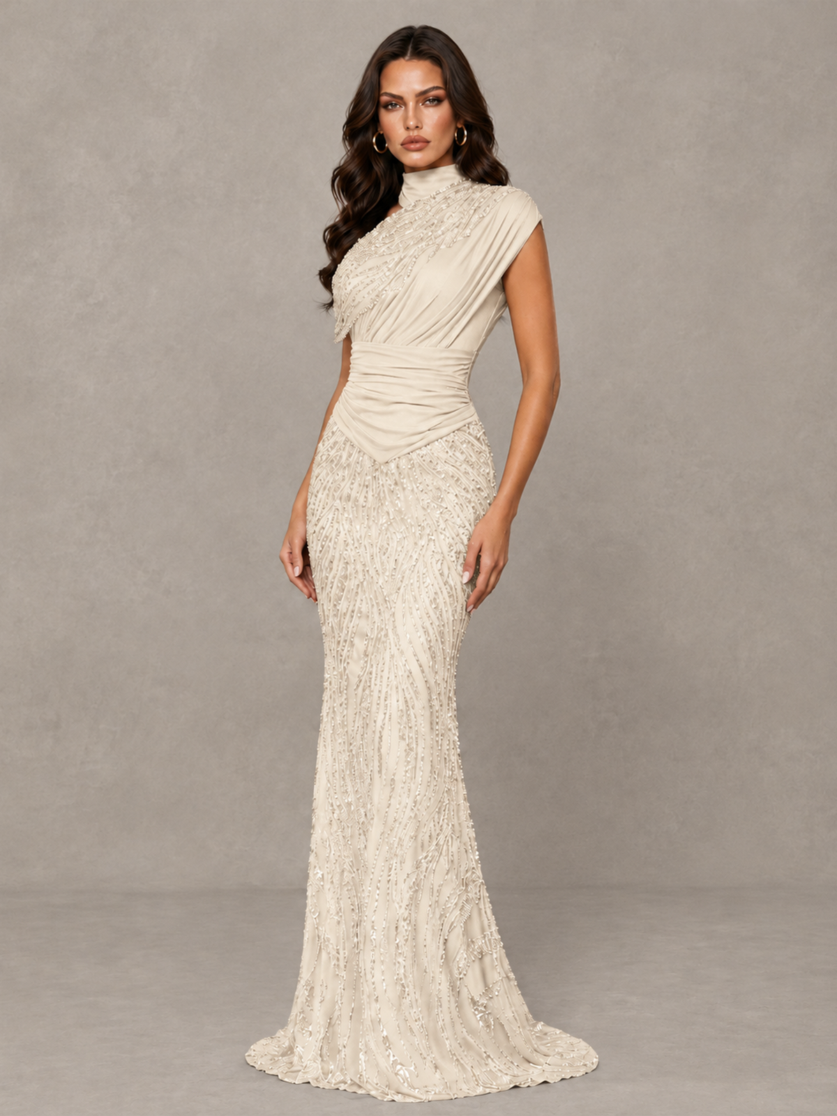 BOLODOO Ivory High Neck Draped Sequin Mermaid Evening Gown - Ivory - Ivory_3