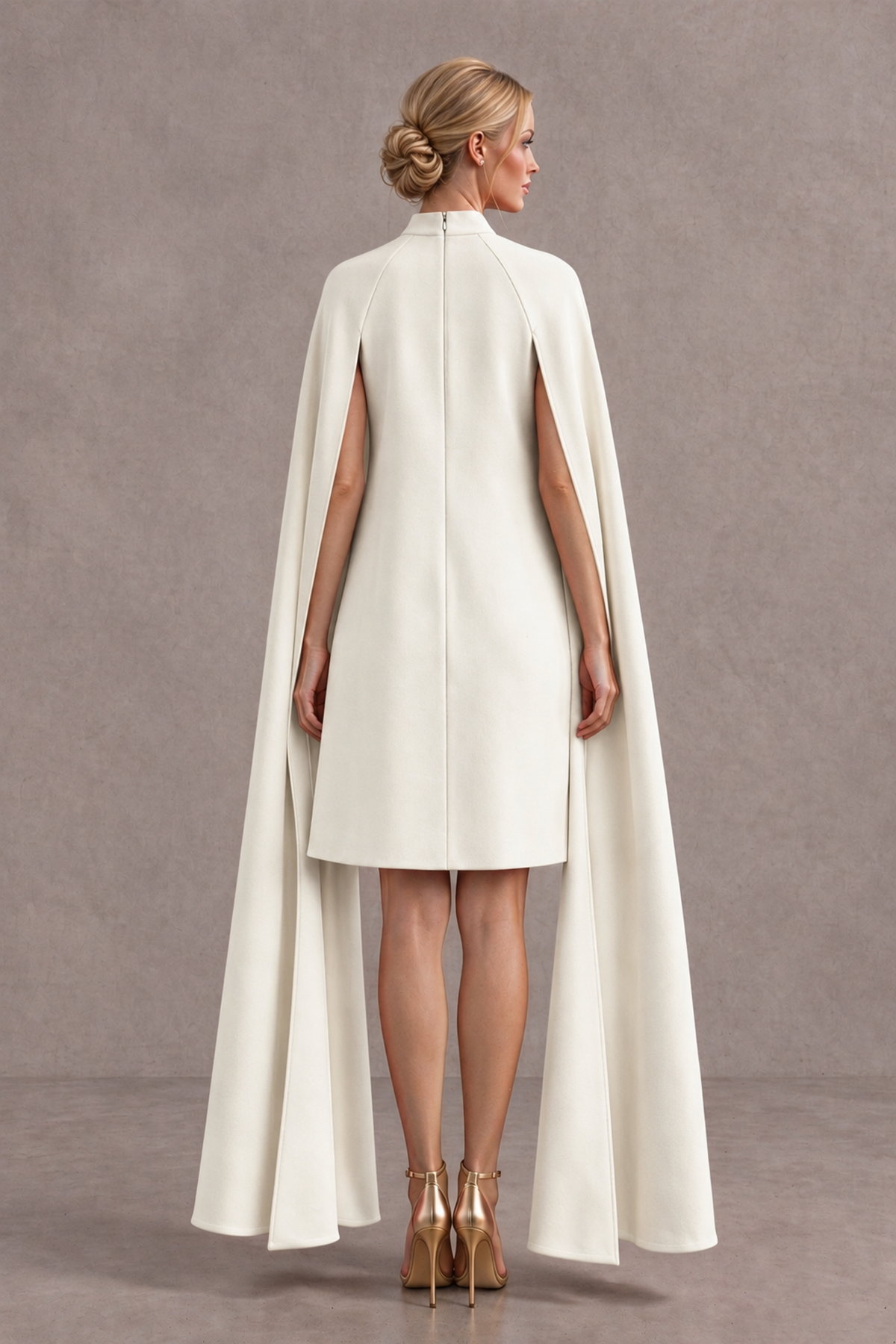 BOLODOO Ivory High Neck Floral Cape Mini Cocktail Dress - Ivory - Ivory_3