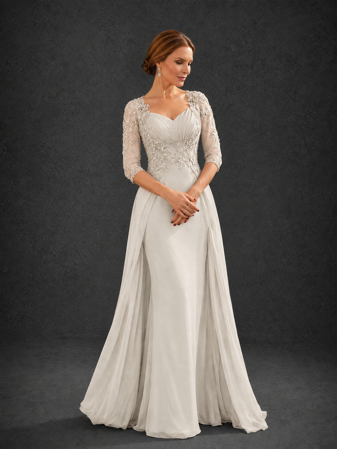 BOLODOO Ivory Sweetheart Neck 3/4 Sleeve Floral Lace Illusion Bodice Chiffon A-Line Gown - Ivory