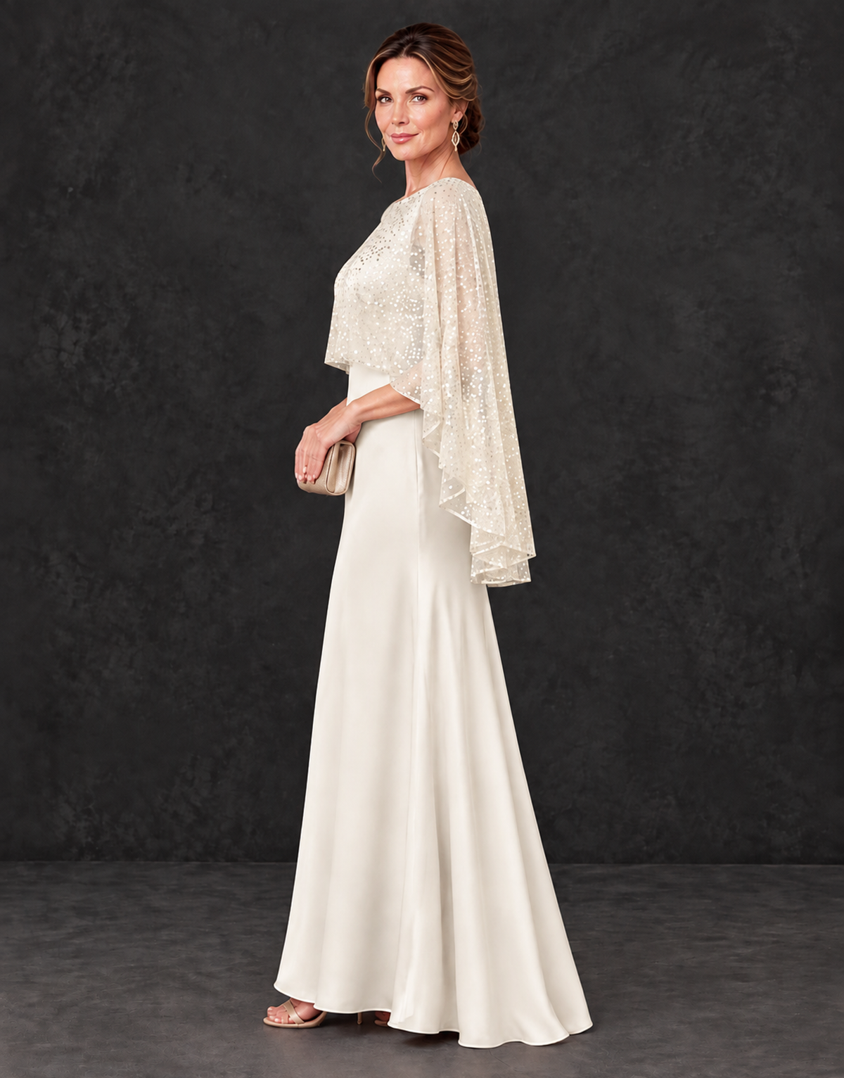 BOLODOO Ivory Sparkle Cape Sleeve Mother of the Bride Dress - Ivory - Ivory_3