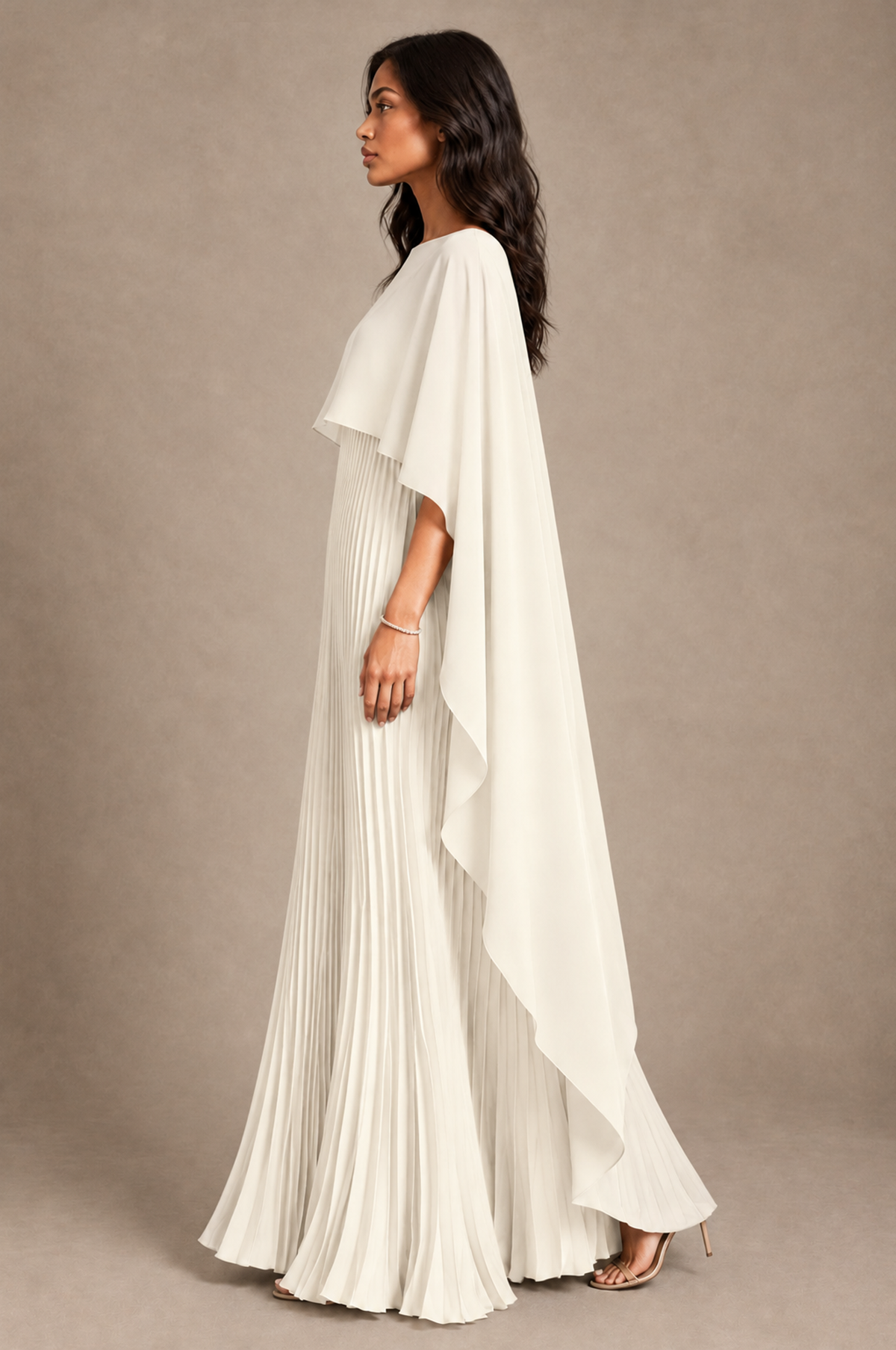BOLODOO Ivory Pleated Cape A-Line Evening Dress - Ivory - Ivory_3