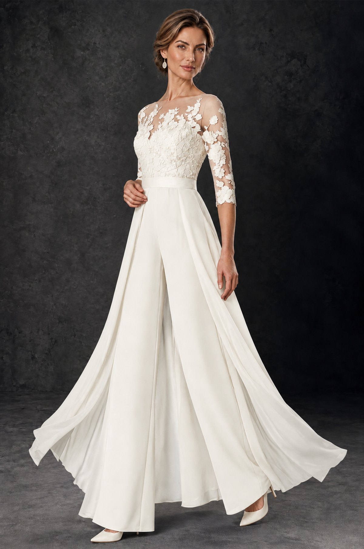 BOLODOO Ivory Lace Wide-Leg Jumpsuit with Three-Quarter Sleeves - Ivory - Ivory_3