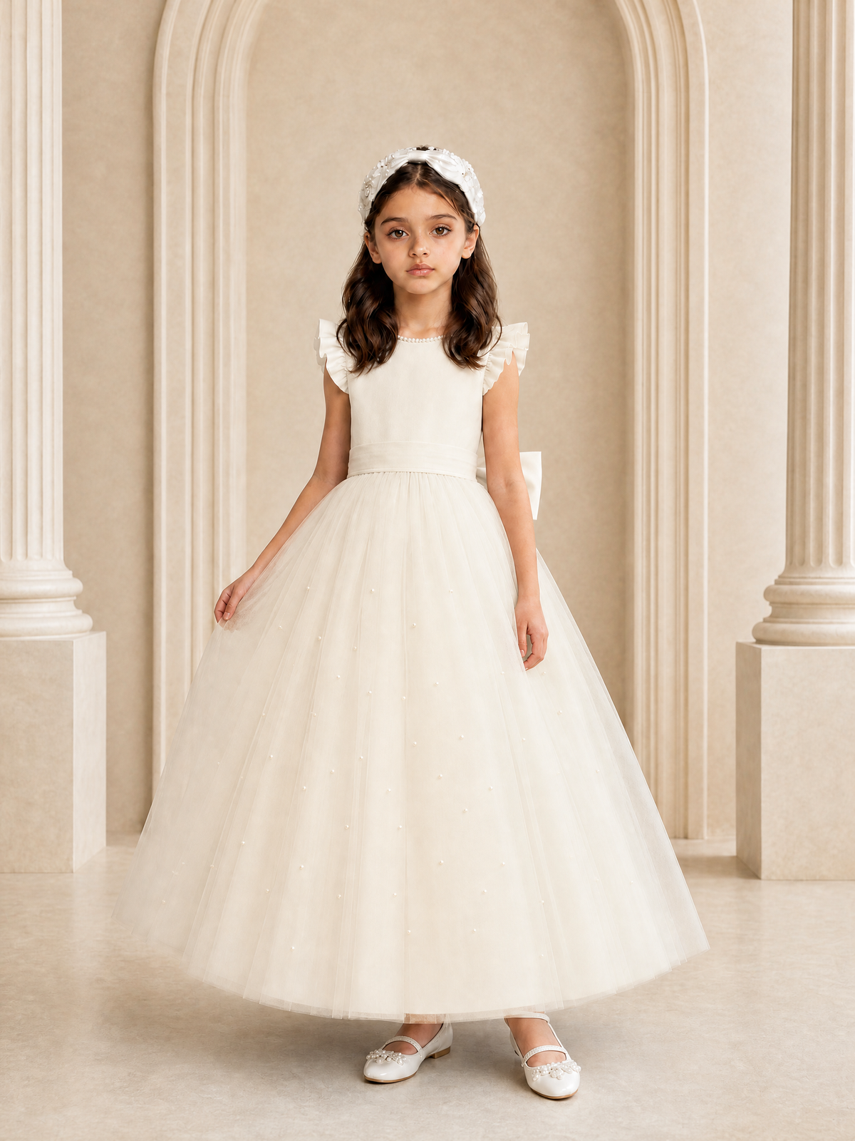 BOLODOO Ivory Tulle Flower Girl Dress with Ruffle Sleeves & Bow Back - Ivory - Ivory_3