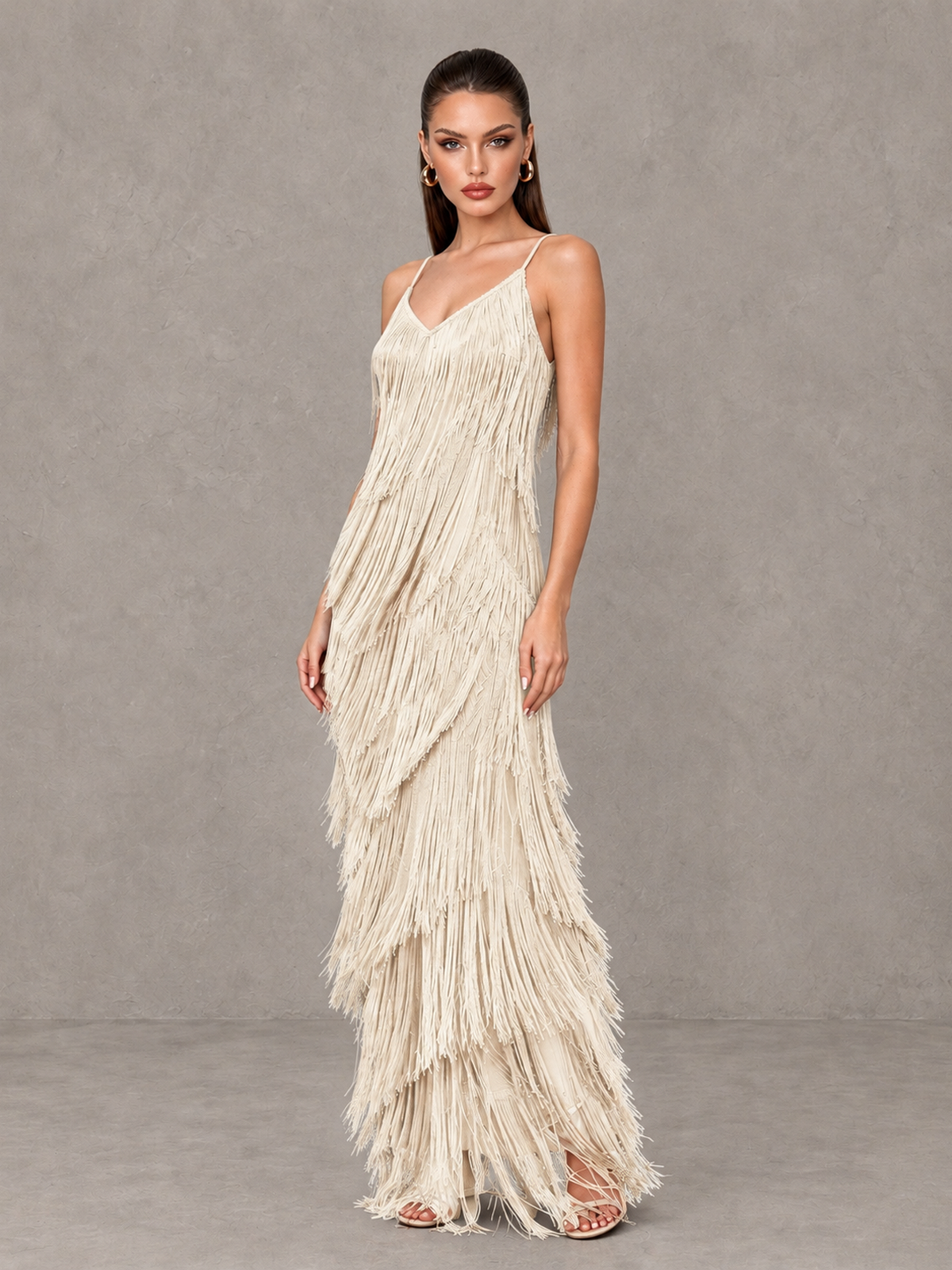 BOLODOO Ivory V-Neck Spaghetti Strap Fringe Maxi Evening Dress - Ivory - Ivory_3