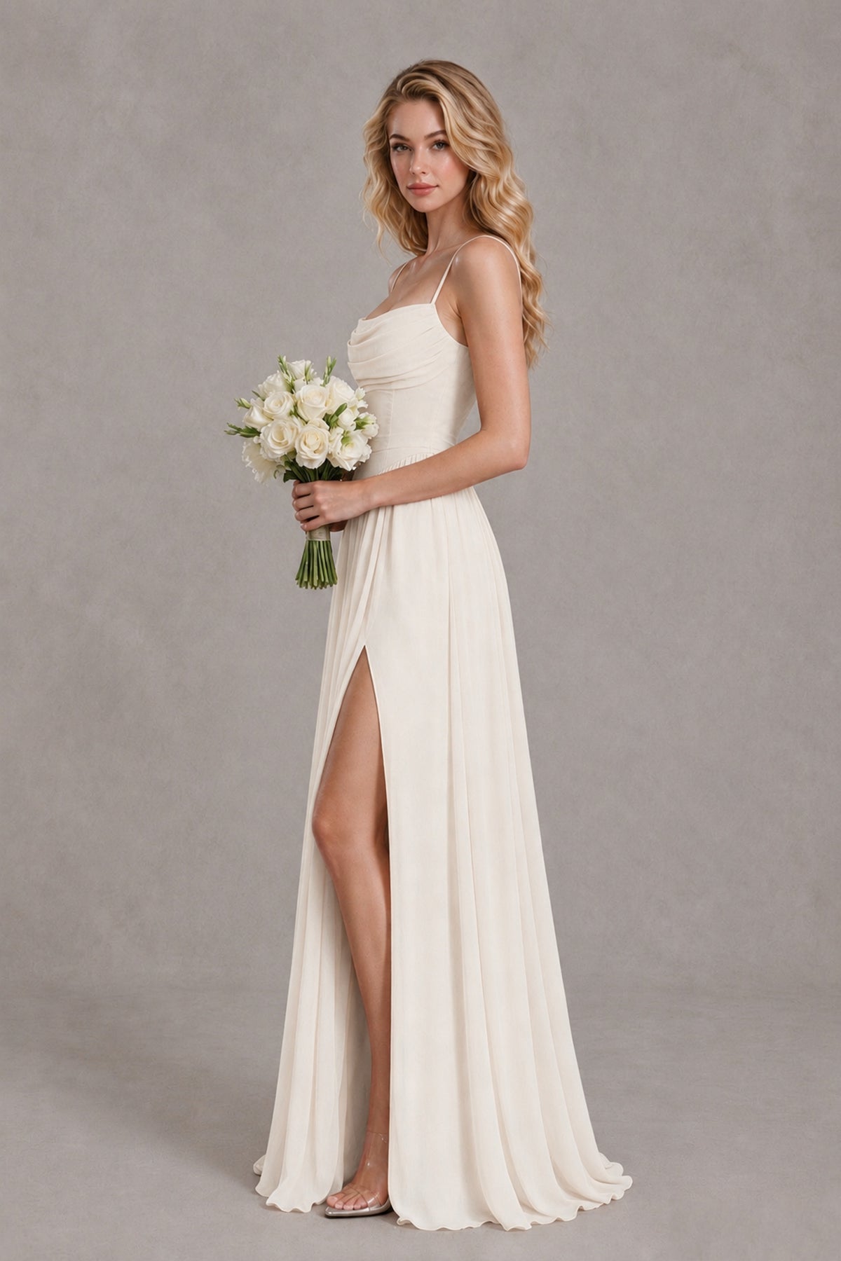 BOLODOO Ivory Spaghetti Strap A-Line Bridesmaid Dress with Slit - Ivory - Ivory_3