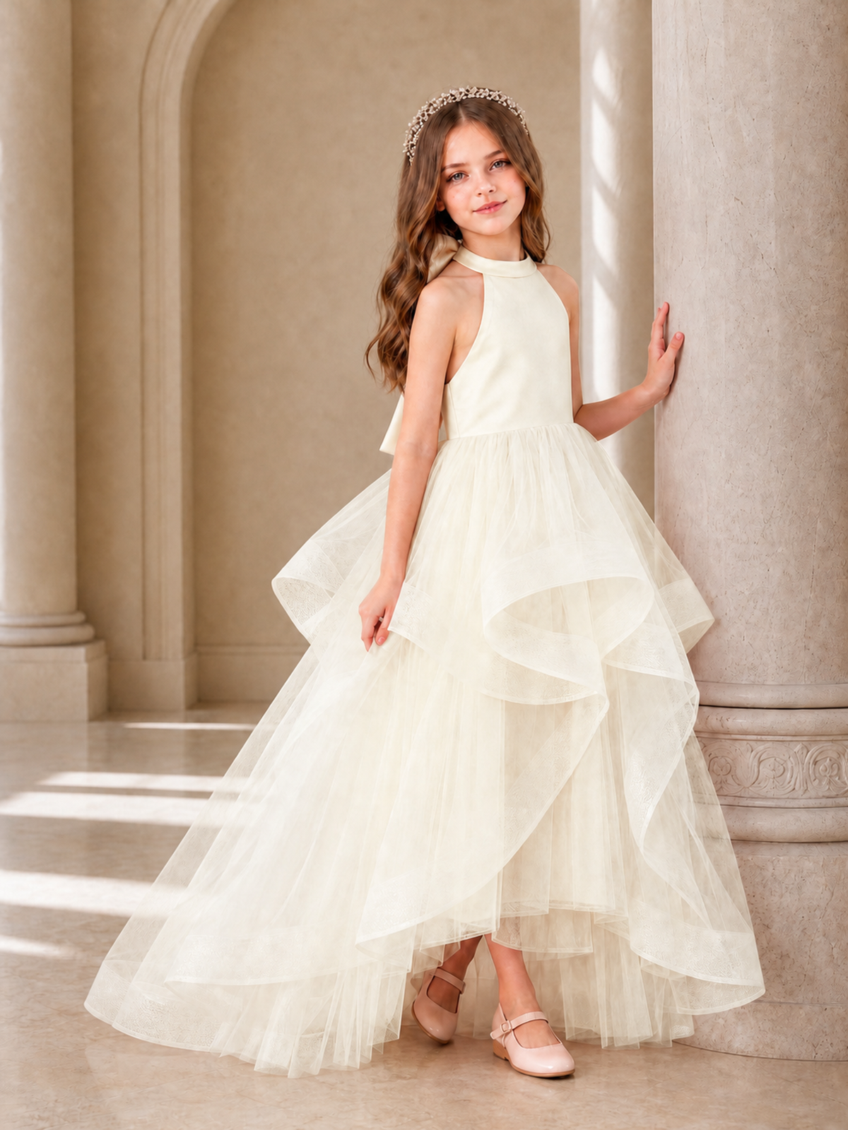 BOLODOO Ivory Halter Tiered Tulle Flower Girl Dress with Bow Back - Ivory - Ivory_3