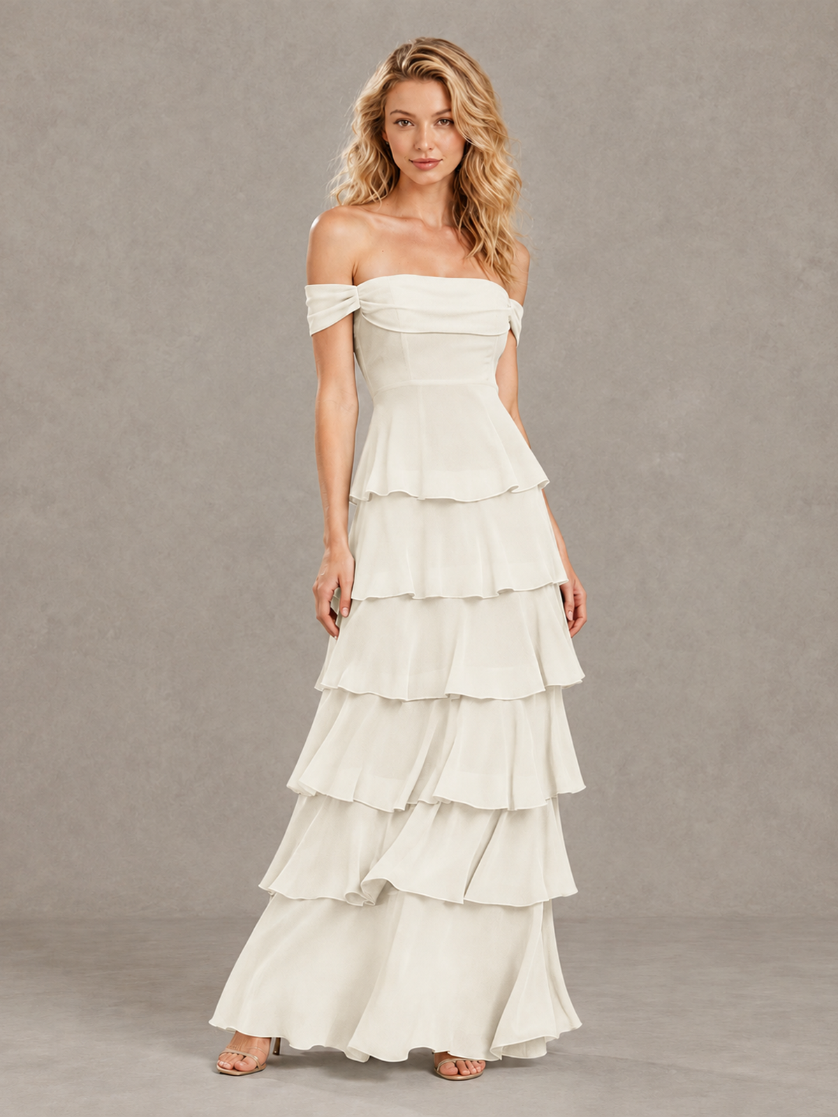 BOLODOO Ivory Off-Shoulder Tiered Ruffle Bridesmaid Dress with Lace-Up Back - Ivory - Ivory_3