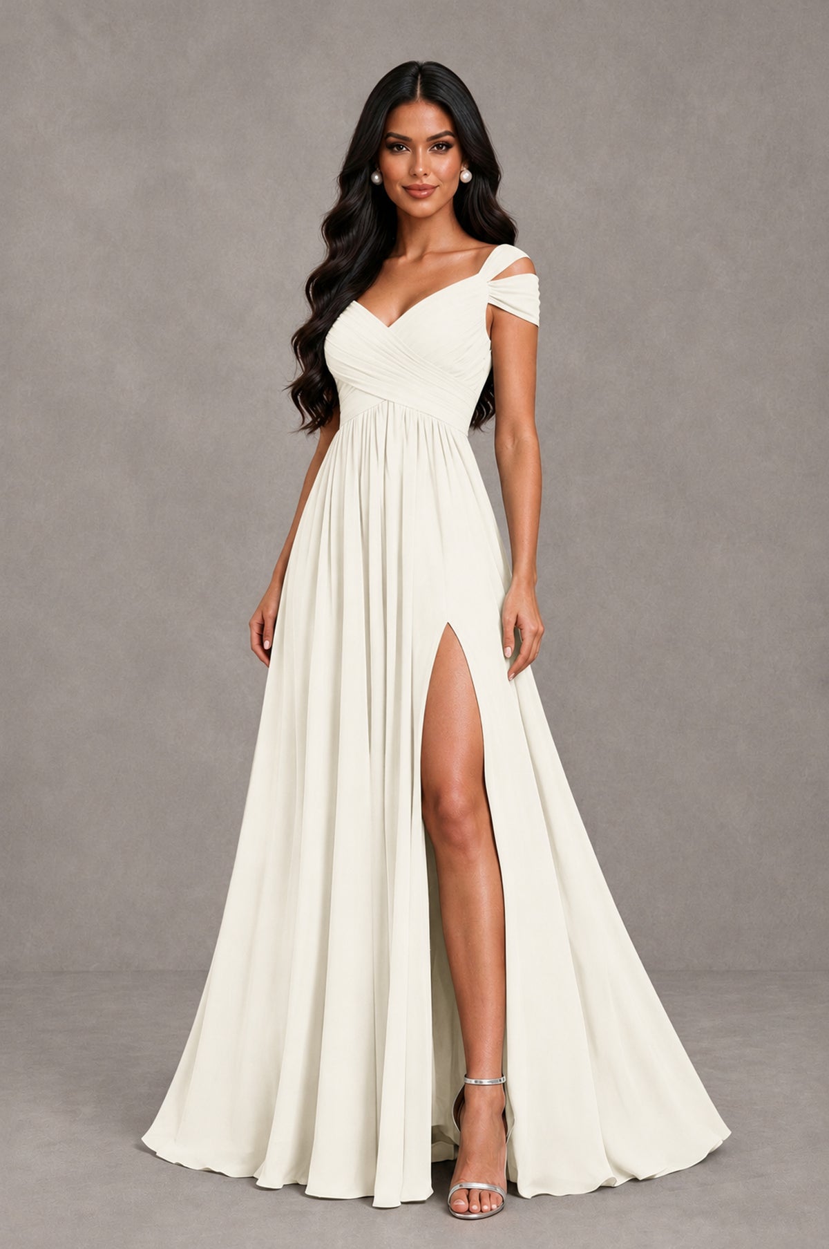 BOLODOO Ivory Cold Shoulder Chiffon Evening Dress with V Neck and High Slit - Ivory - Ivory_3