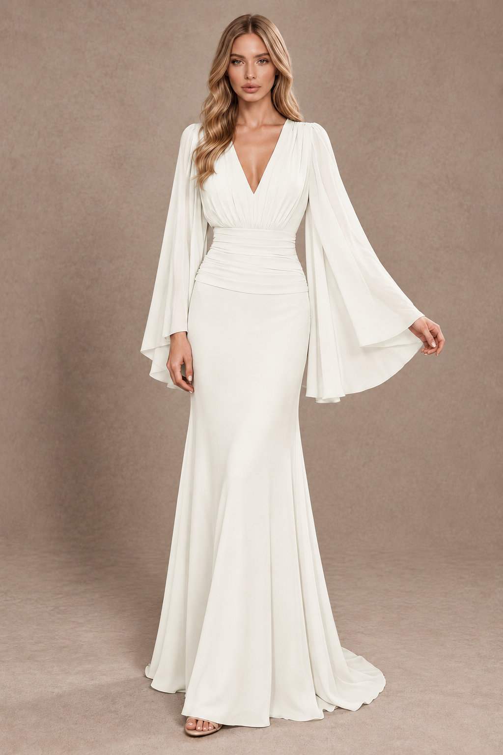 BOLODOO Ivory Cape Sleeve V-Neck Ruched Chiffon Evening Dress - Ivory - Ivory_3