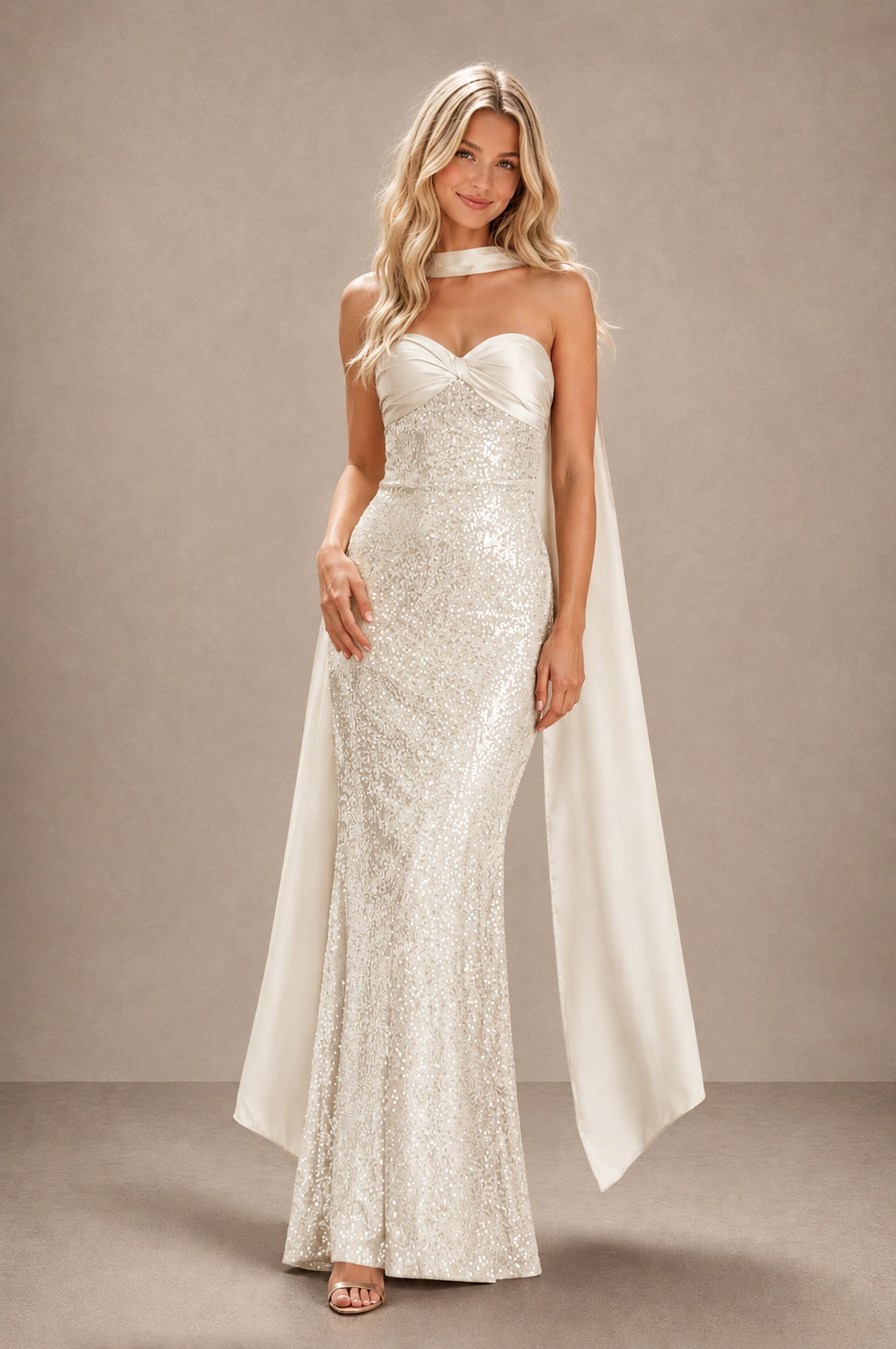 BOLODOO Ivory Strapless Sweetheart Evening Dress with Scarf - Ivory - Ivory_3