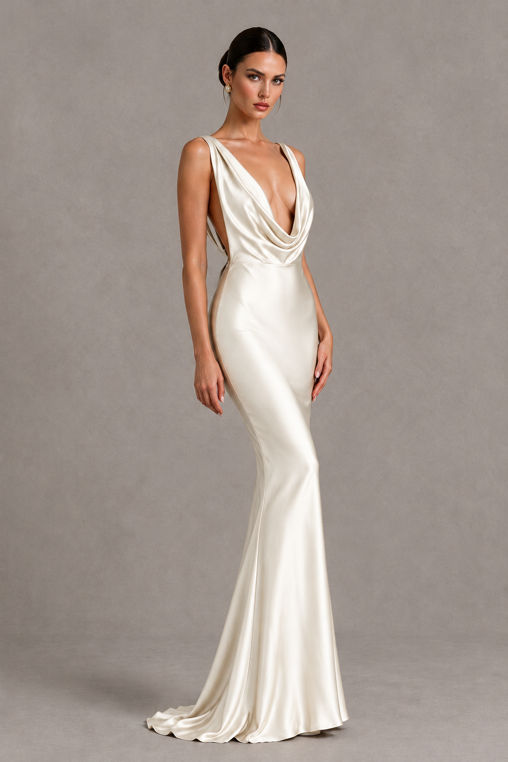 BOLODOO Ivory Cowl Neck Backless Satin Mermaid Evening Dress - Ivory - Ivory_3